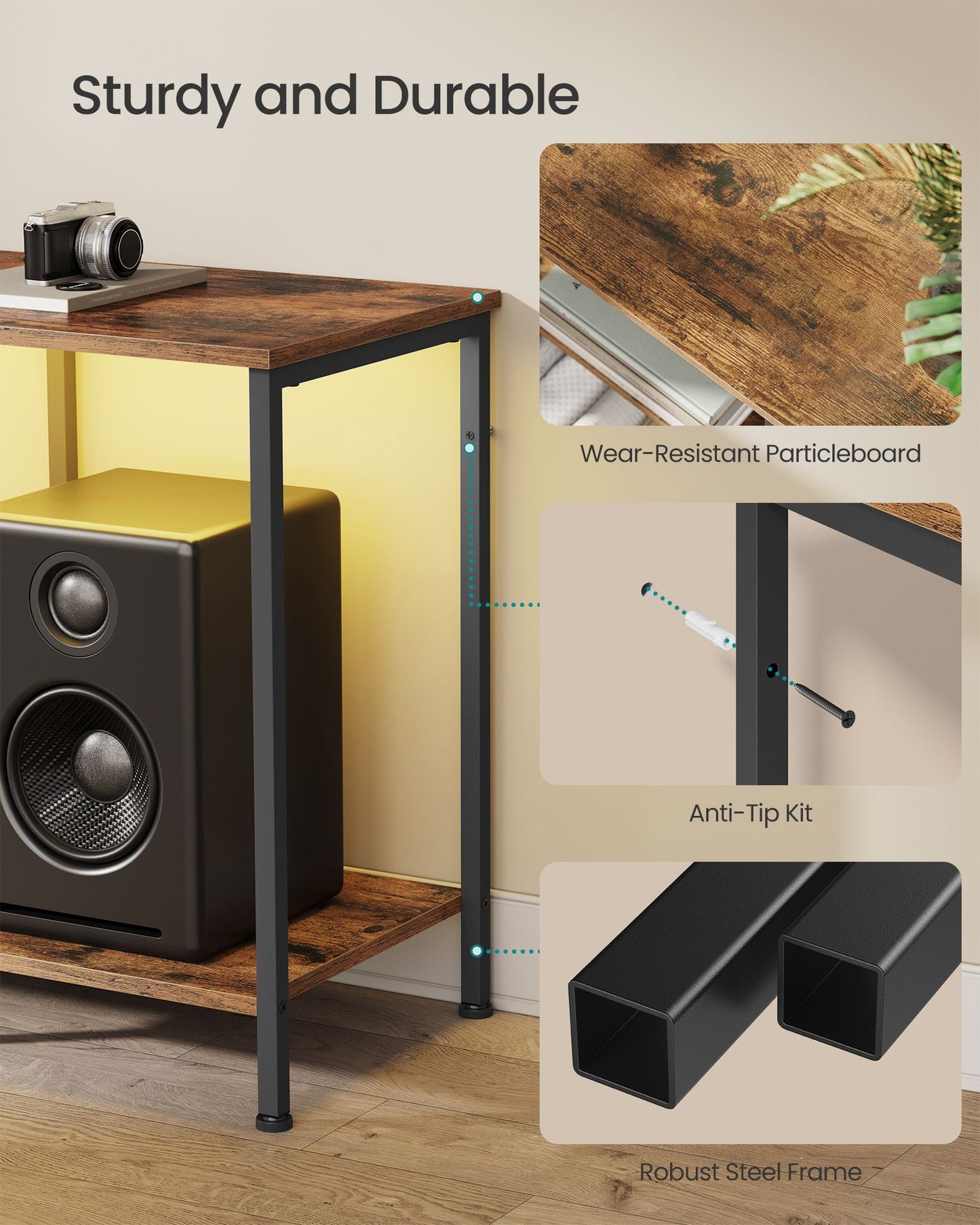 SONGMICS TV Stand with Power Outlets and Lights – Rustic Brown