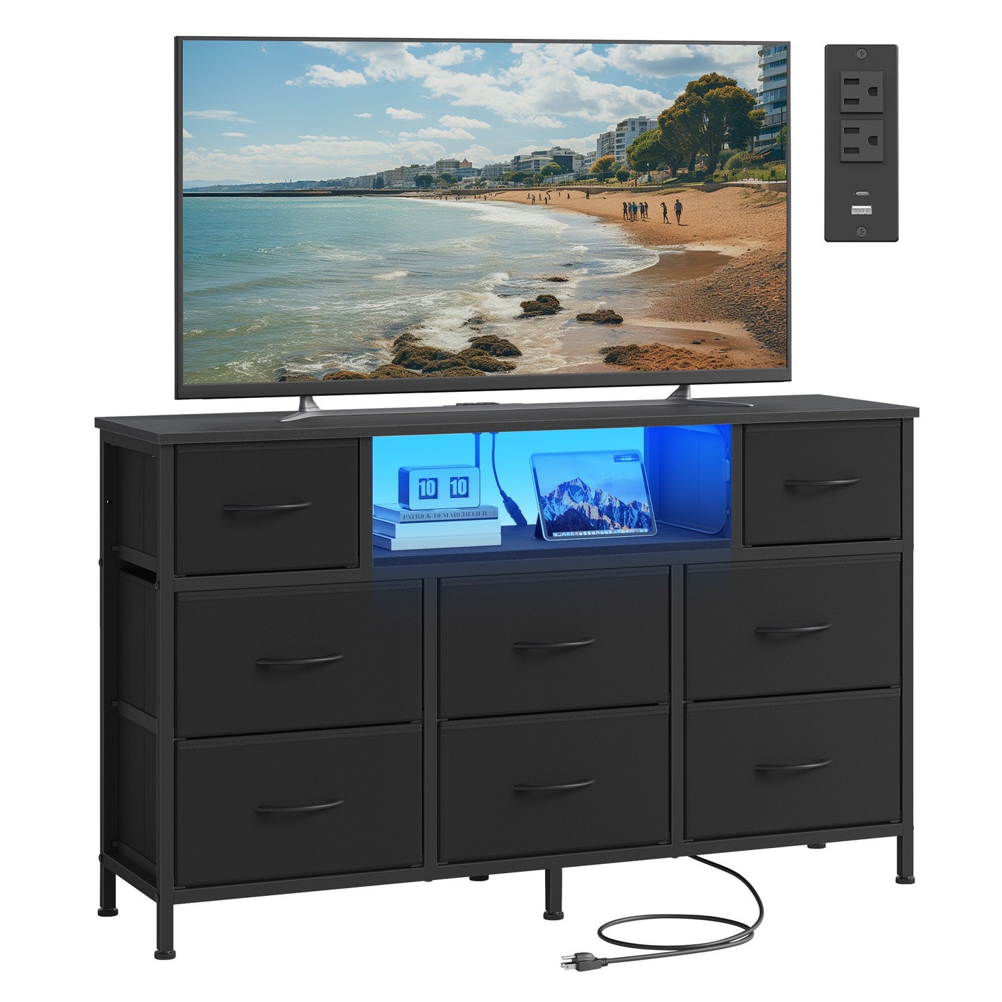 SONGMICS Resser for Bedroom with Outlets and LED Lights, TV Stand – Ink Black