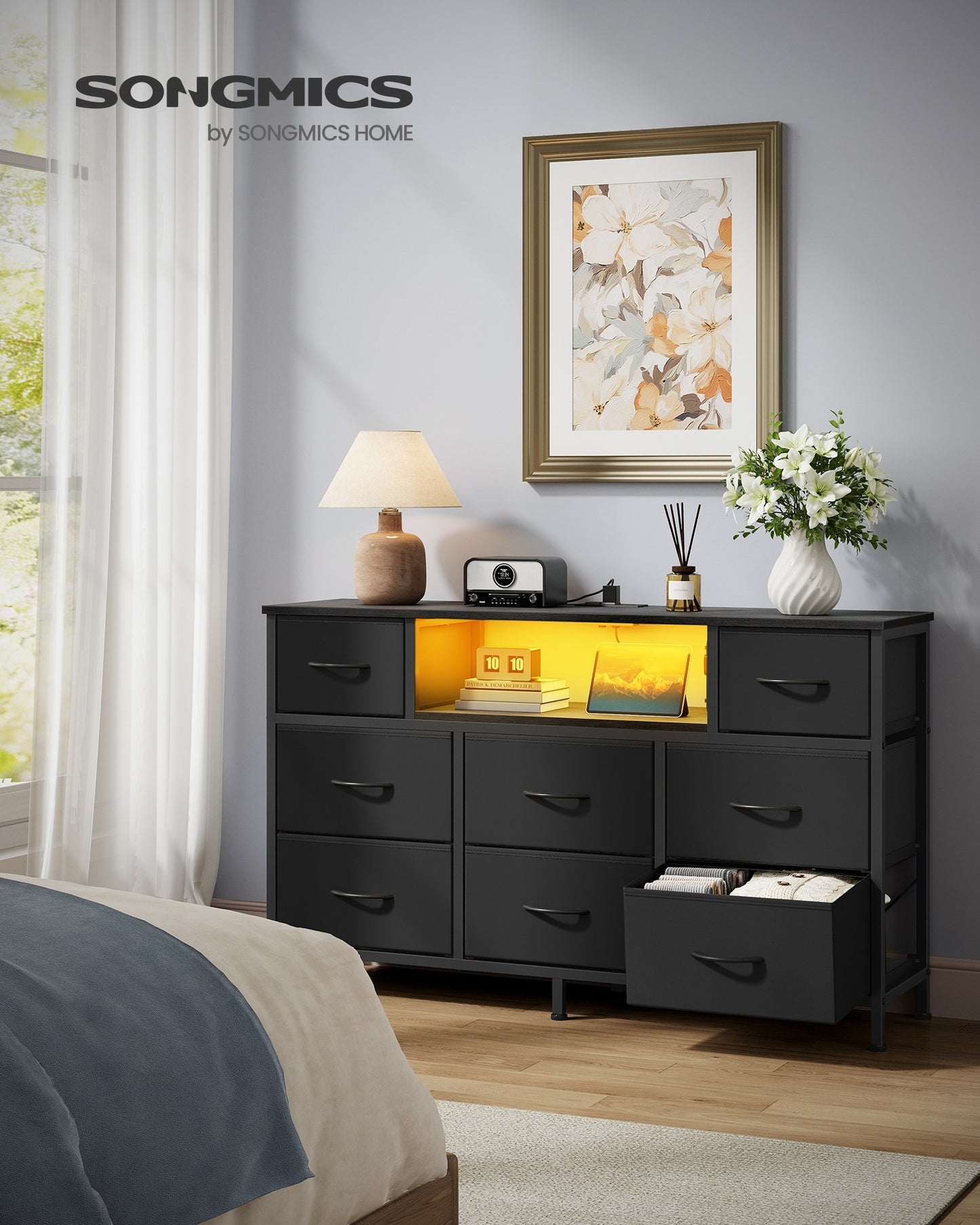 SONGMICS Resser for Bedroom with Outlets and LED Lights, TV Stand – Ink Black