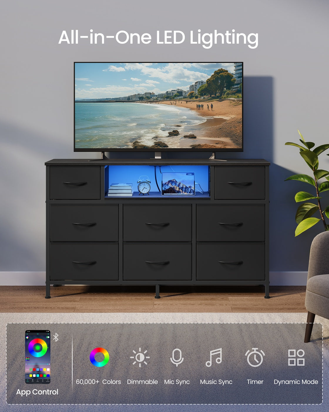 SONGMICS Resser for Bedroom with Outlets and LED Lights, TV Stand – Ink Black