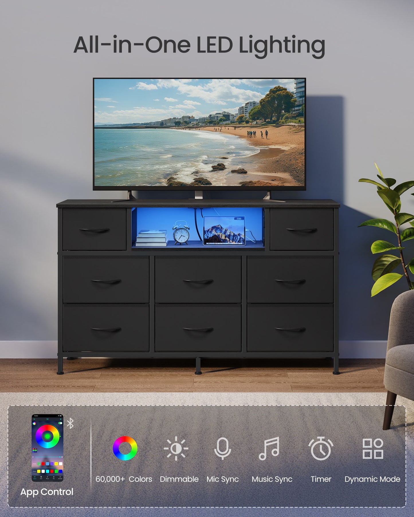 SONGMICS Resser for Bedroom with Outlets and LED Lights, TV Stand – Ink Black