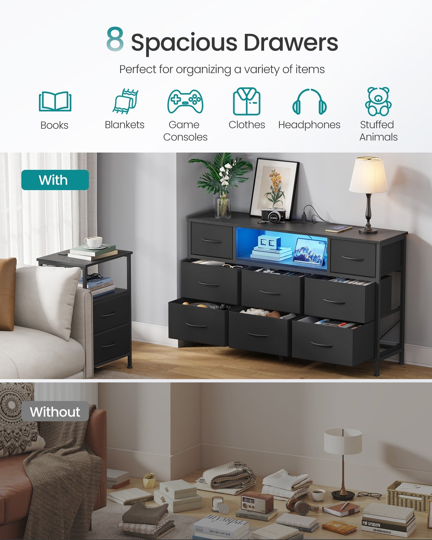 SONGMICS Resser for Bedroom with Outlets and LED Lights, TV Stand – Ink Black