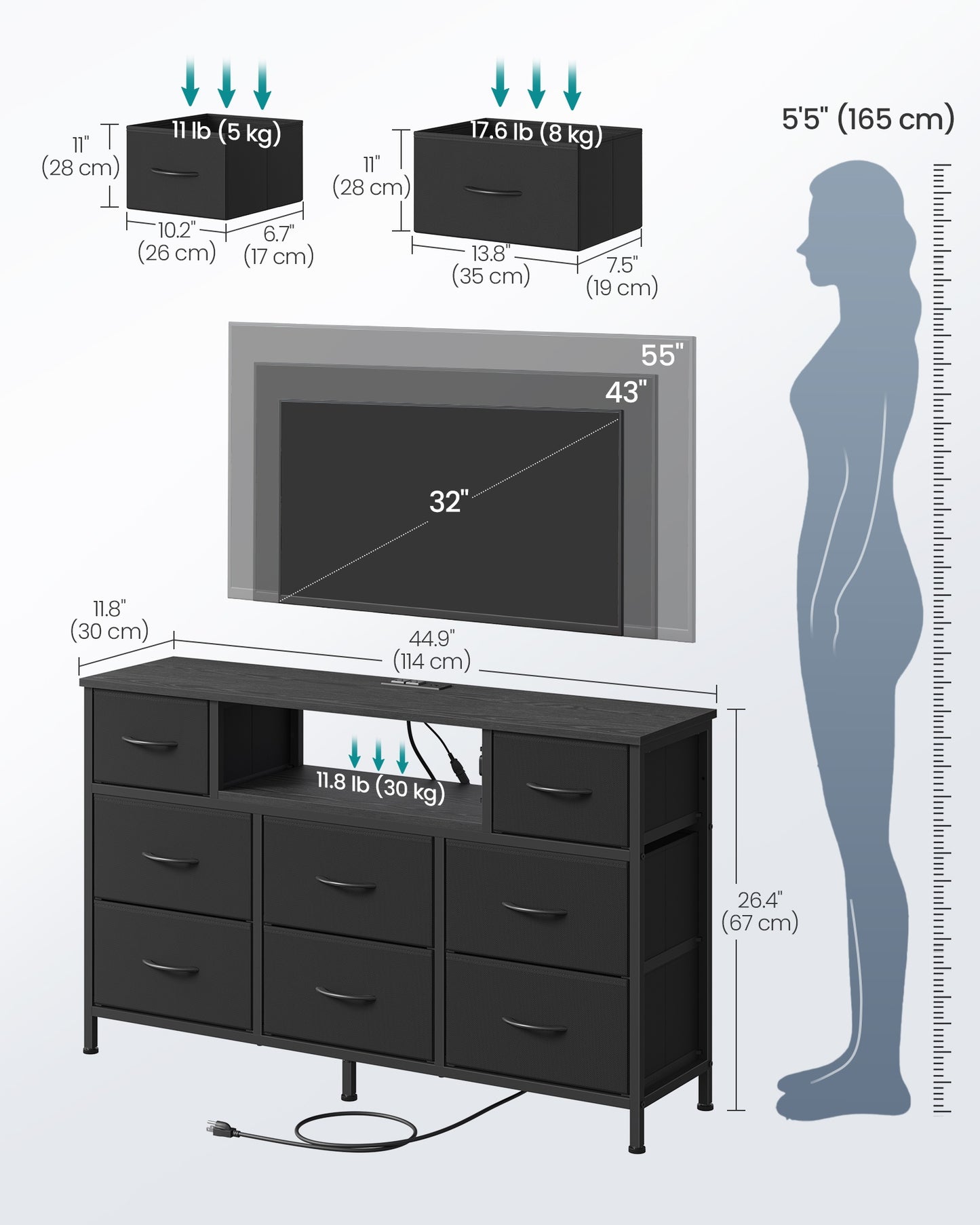 SONGMICS Resser for Bedroom with Outlets and LED Lights, TV Stand – Ink Black