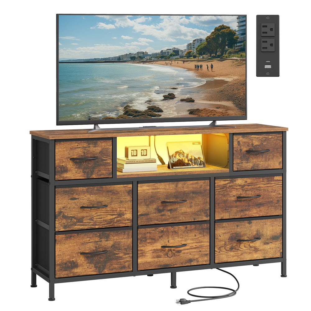 SONGMICS Dresser for Bedroom with Outlets & LED Lights, 8 Fabric Drawers – Rustic Brown, Ink Black