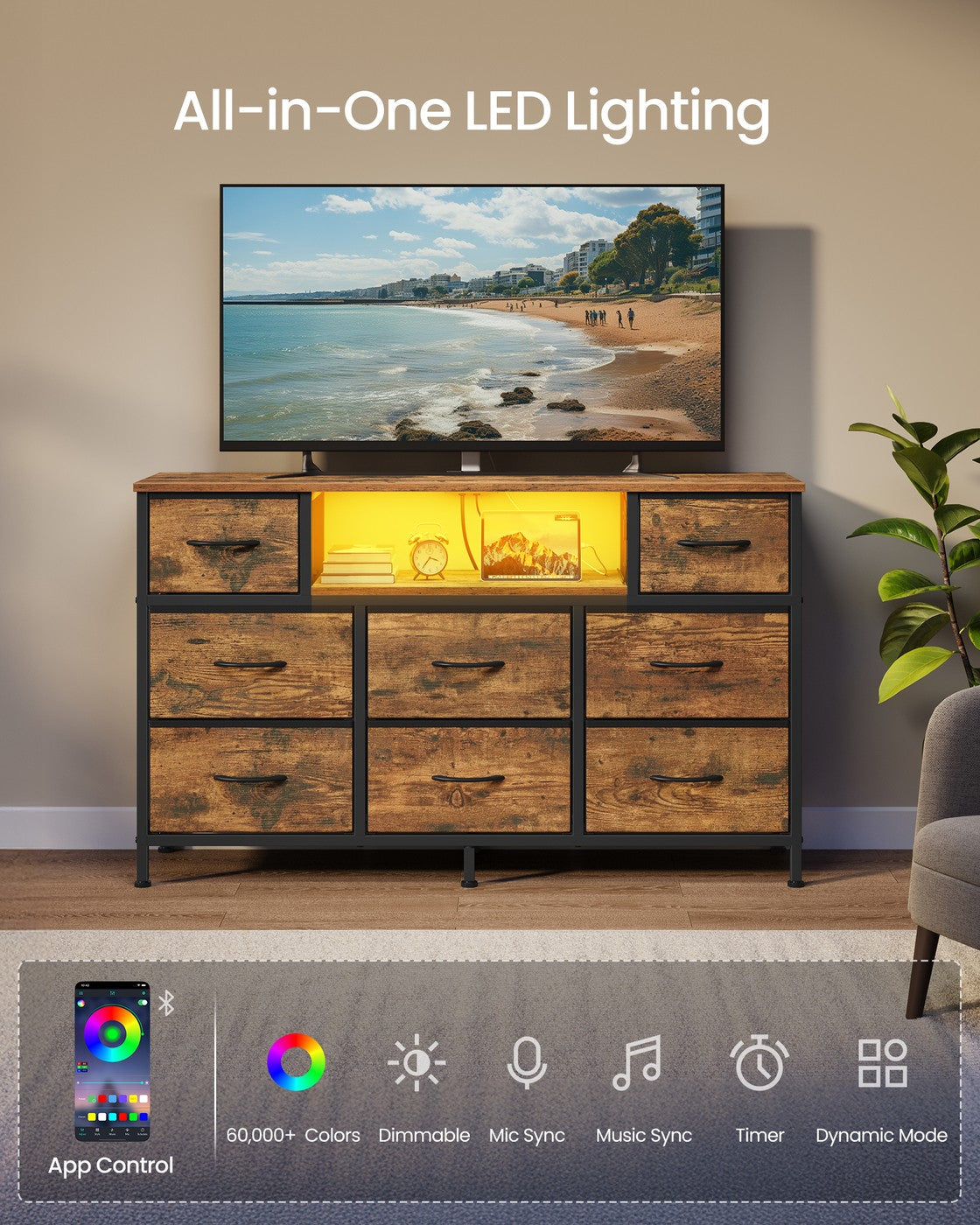 SONGMICS Dresser for Bedroom with Outlets & LED Lights, 8 Fabric Drawers – Rustic Brown, Ink Black