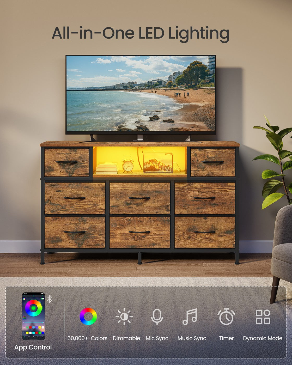 SONGMICS Dresser for Bedroom with Outlets & LED Lights, 8 Fabric Drawers – Rustic Brown, Ink Black