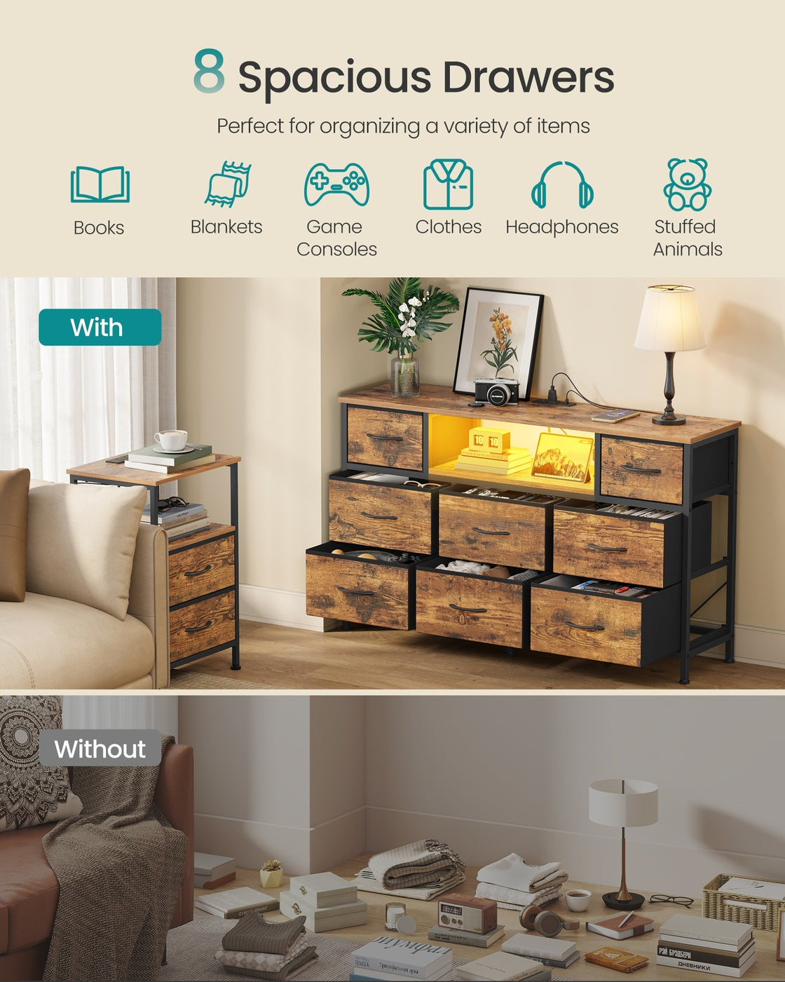 SONGMICS Dresser for Bedroom with Outlets & LED Lights, 8 Fabric Drawers – Rustic Brown, Ink Black