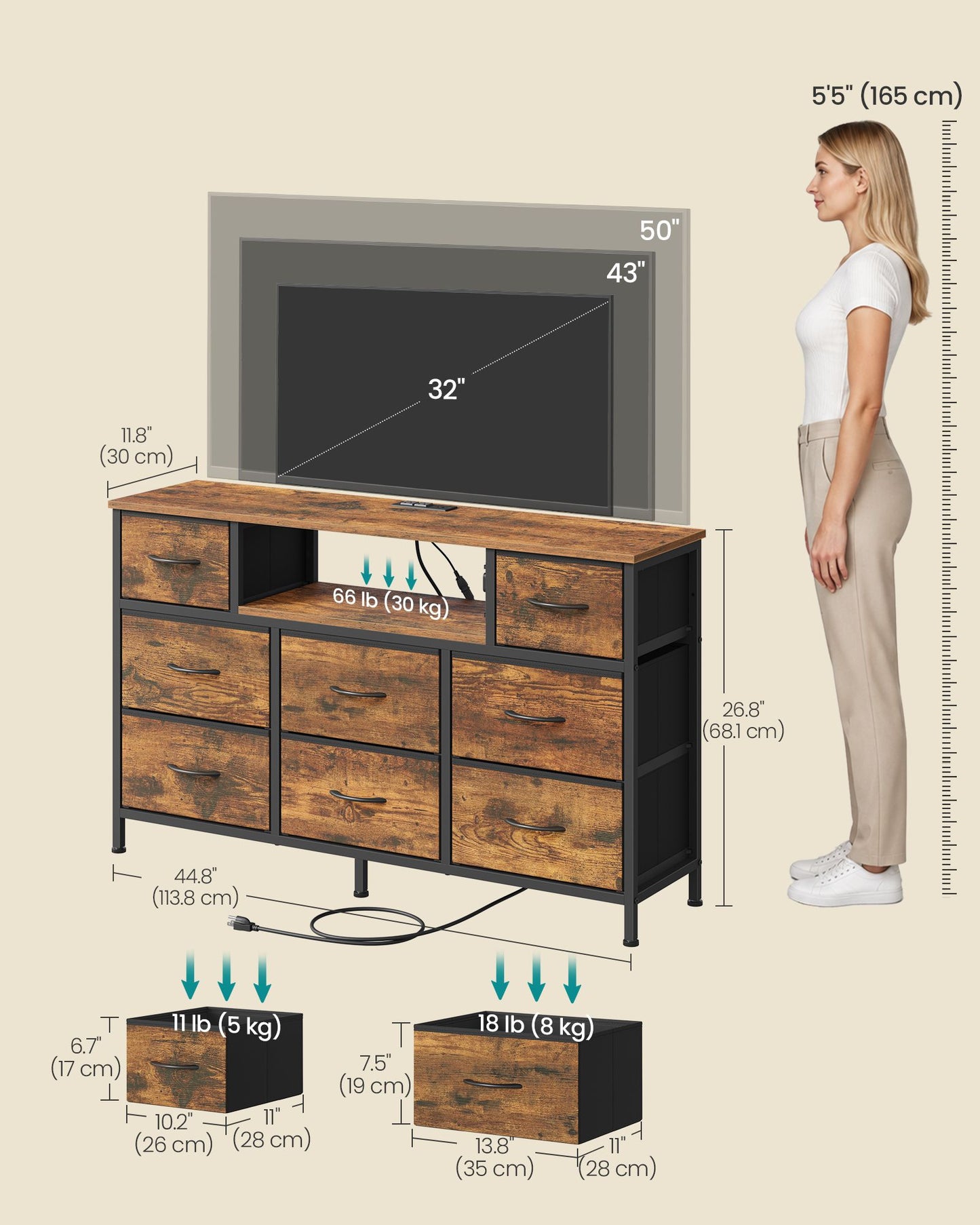 SONGMICS Dresser for Bedroom with Outlets & LED Lights, 8 Fabric Drawers – Rustic Brown, Ink Black