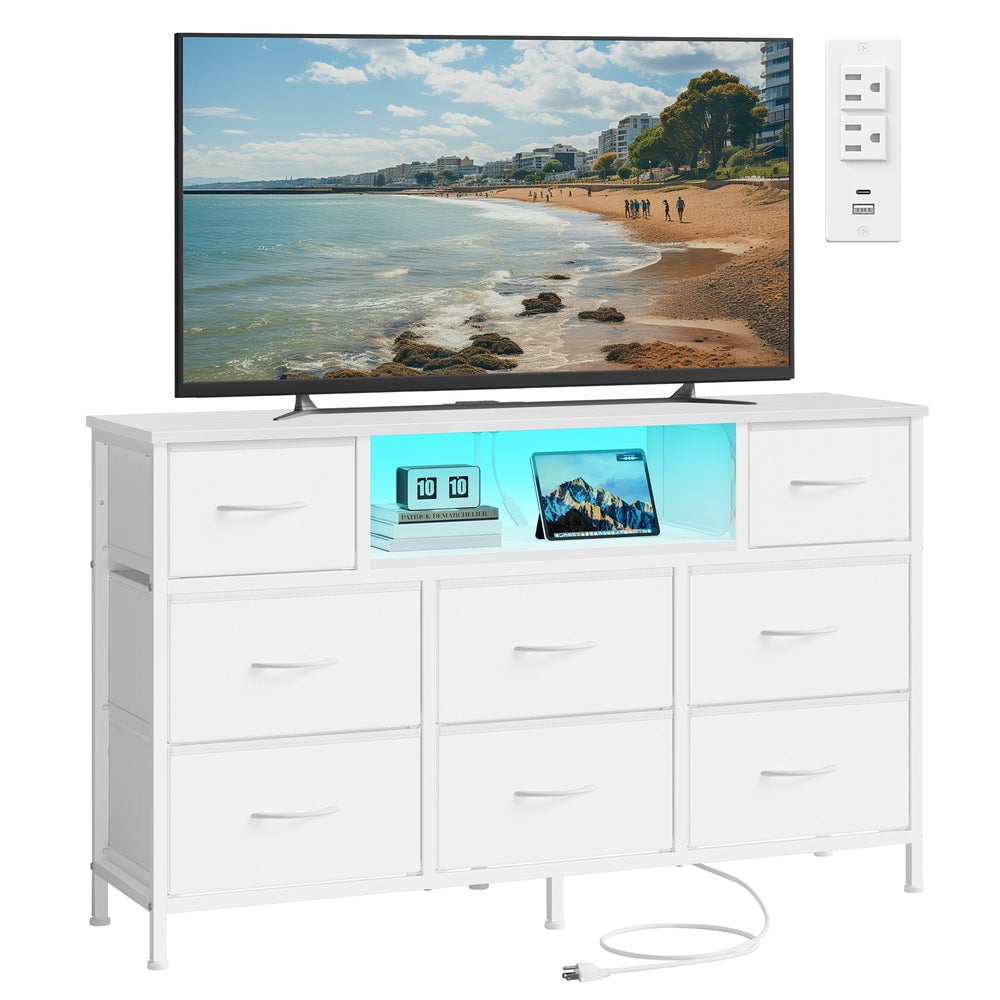 SONGMICS Dresser for Bedroom with Outlets & LED Lights, 8 Fabric Drawers – Cloud White – 11.8"D x 44.8"W x 26.8"H