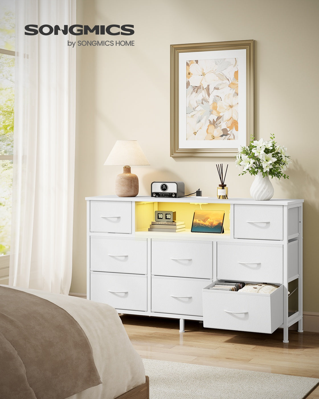 SONGMICS Dresser for Bedroom with Outlets & LED Lights, 8 Fabric Drawers – Cloud White – 11.8"D x 44.8"W x 26.8"H