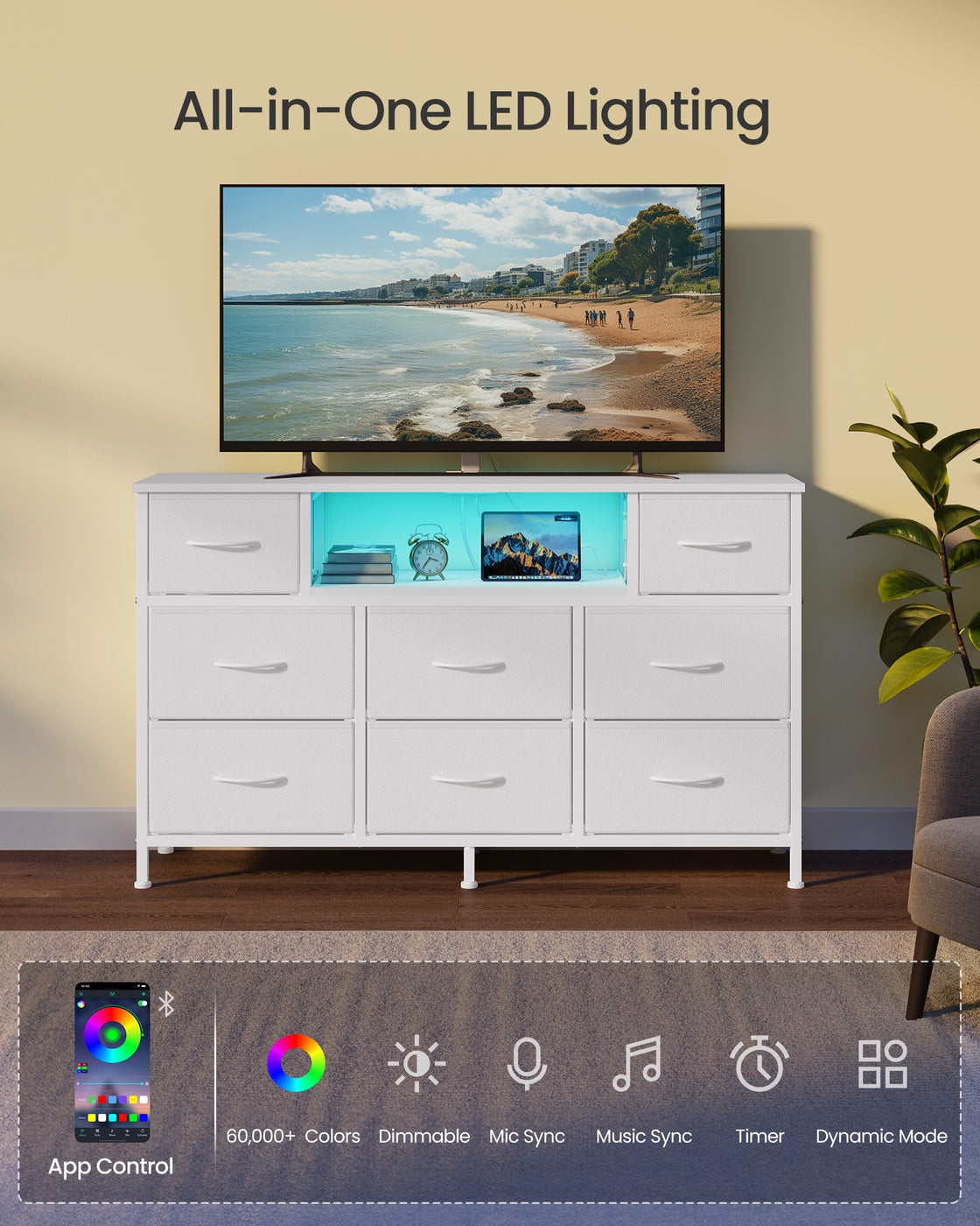 SONGMICS Dresser for Bedroom with Outlets & LED Lights, 8 Fabric Drawers – Cloud White – 11.8"D x 44.8"W x 26.8"H