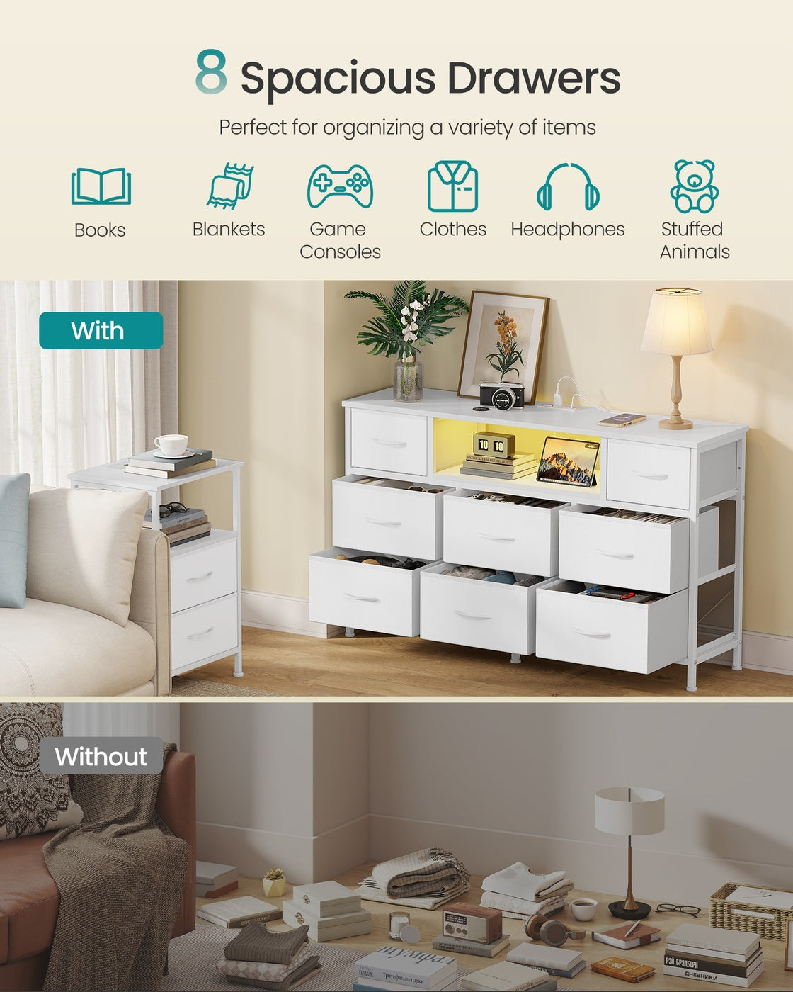 SONGMICS Dresser for Bedroom with Outlets & LED Lights, 8 Fabric Drawers – Cloud White – 11.8"D x 44.8"W x 26.8"H