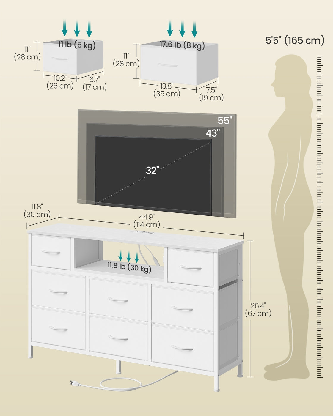 SONGMICS Dresser for Bedroom with Outlets & LED Lights, 8 Fabric Drawers – Cloud White – 11.8"D x 44.8"W x 26.8"H