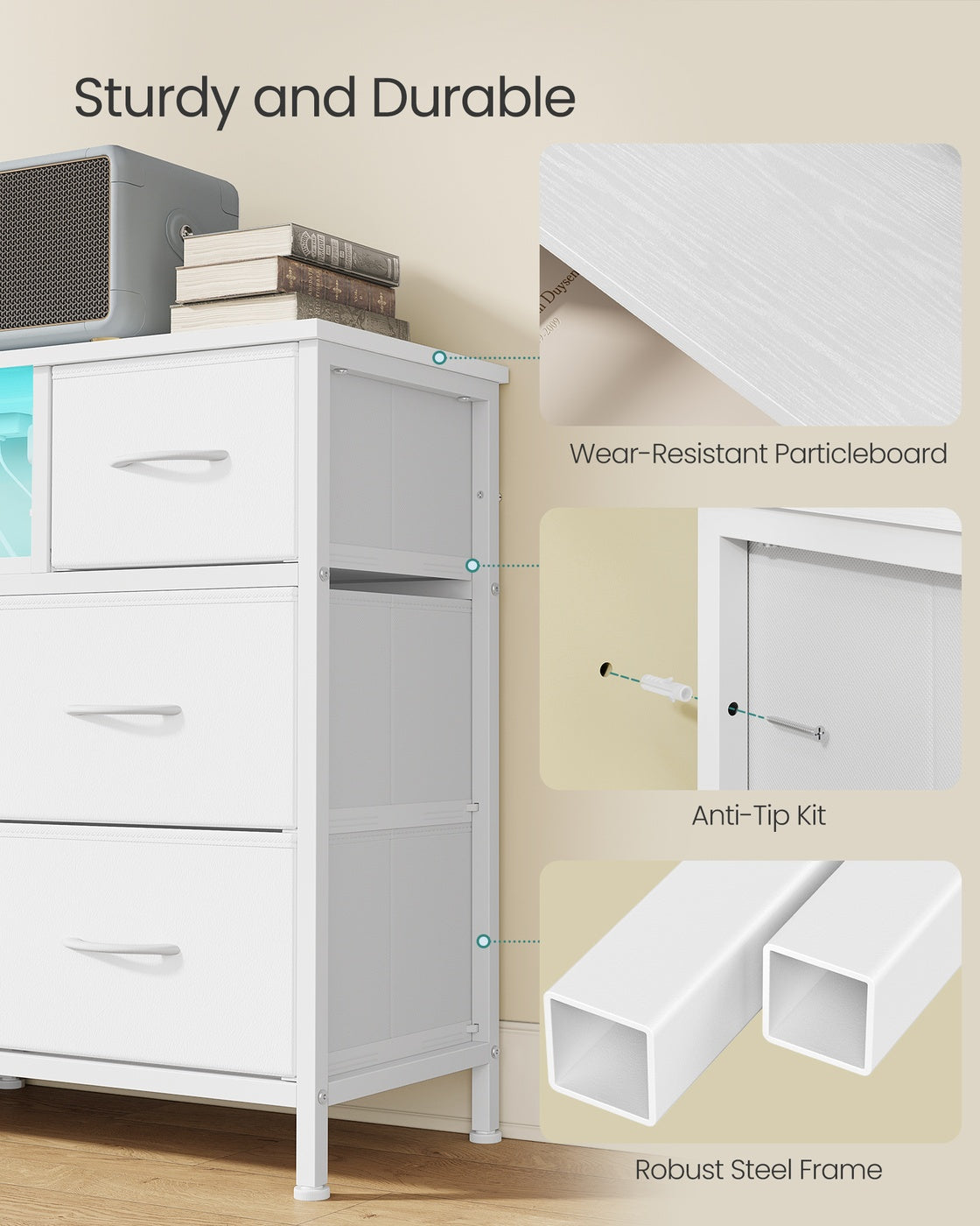 SONGMICS Dresser for Bedroom with Outlets & LED Lights, 8 Fabric Drawers – Cloud White – 11.8"D x 44.8"W x 26.8"H