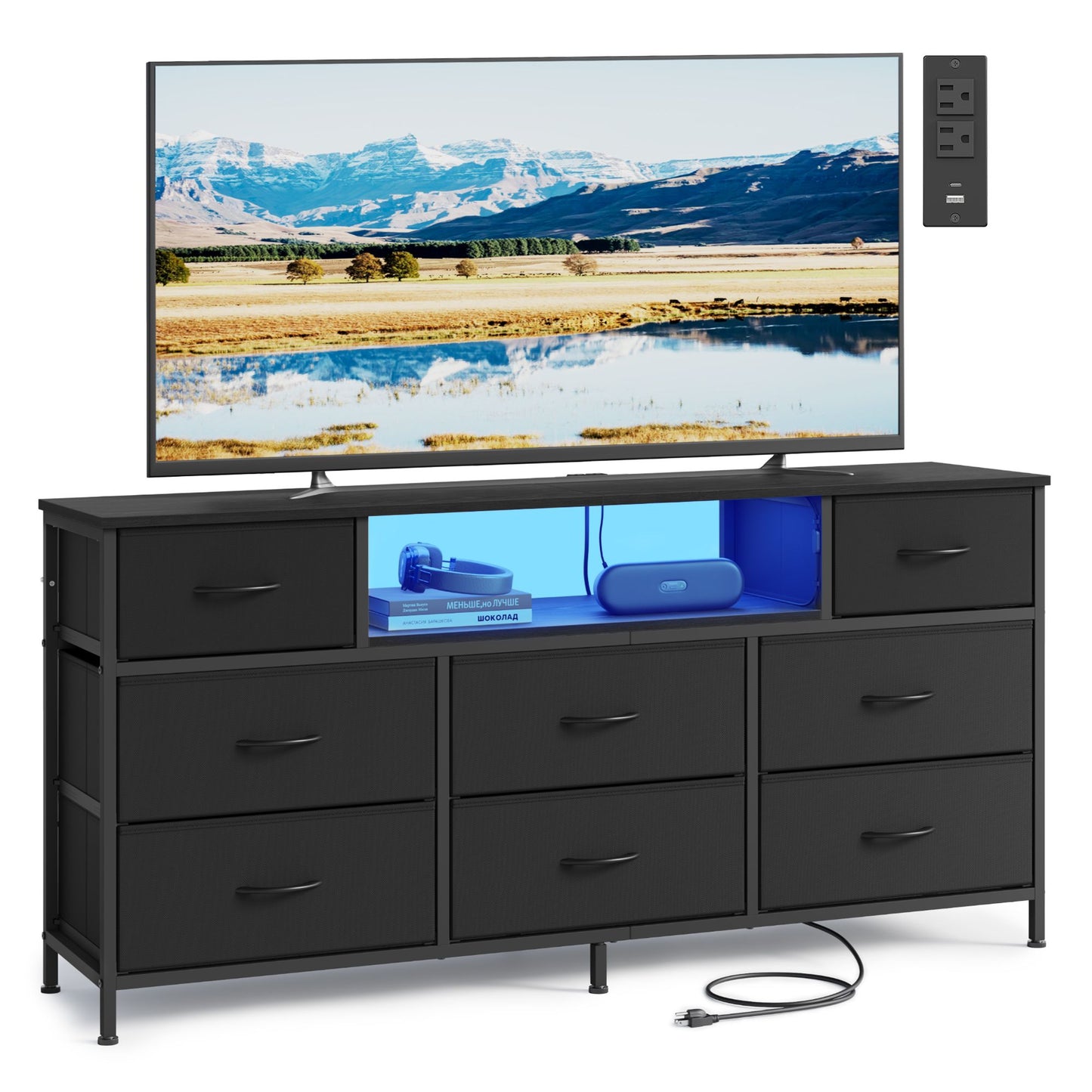SONGMICS Dresser for Bedroom with Outlets & LED Lights, 8 Fabric Drawers – Ink Black