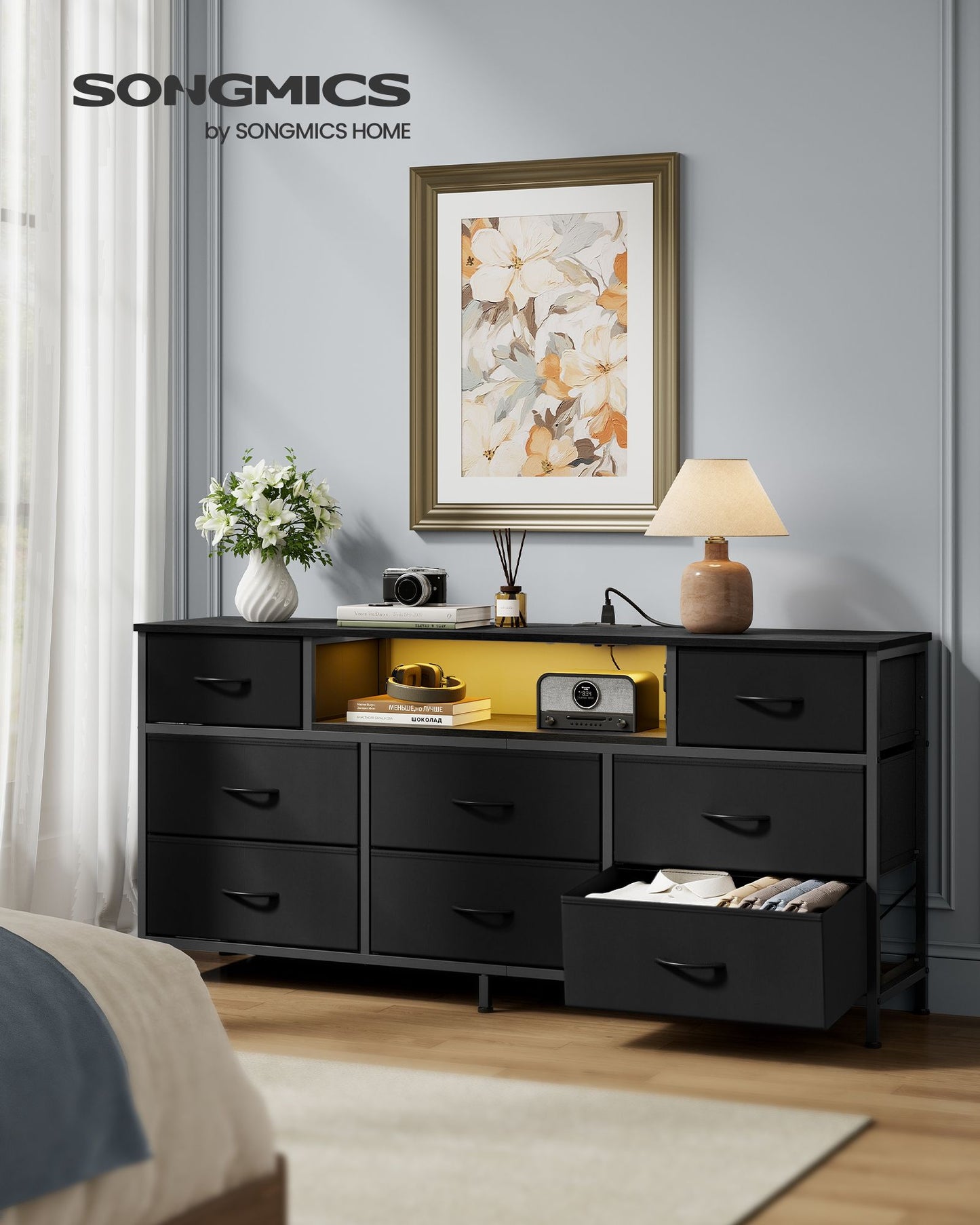 SONGMICS Dresser for Bedroom with Outlets & LED Lights, 8 Fabric Drawers – Ink Black