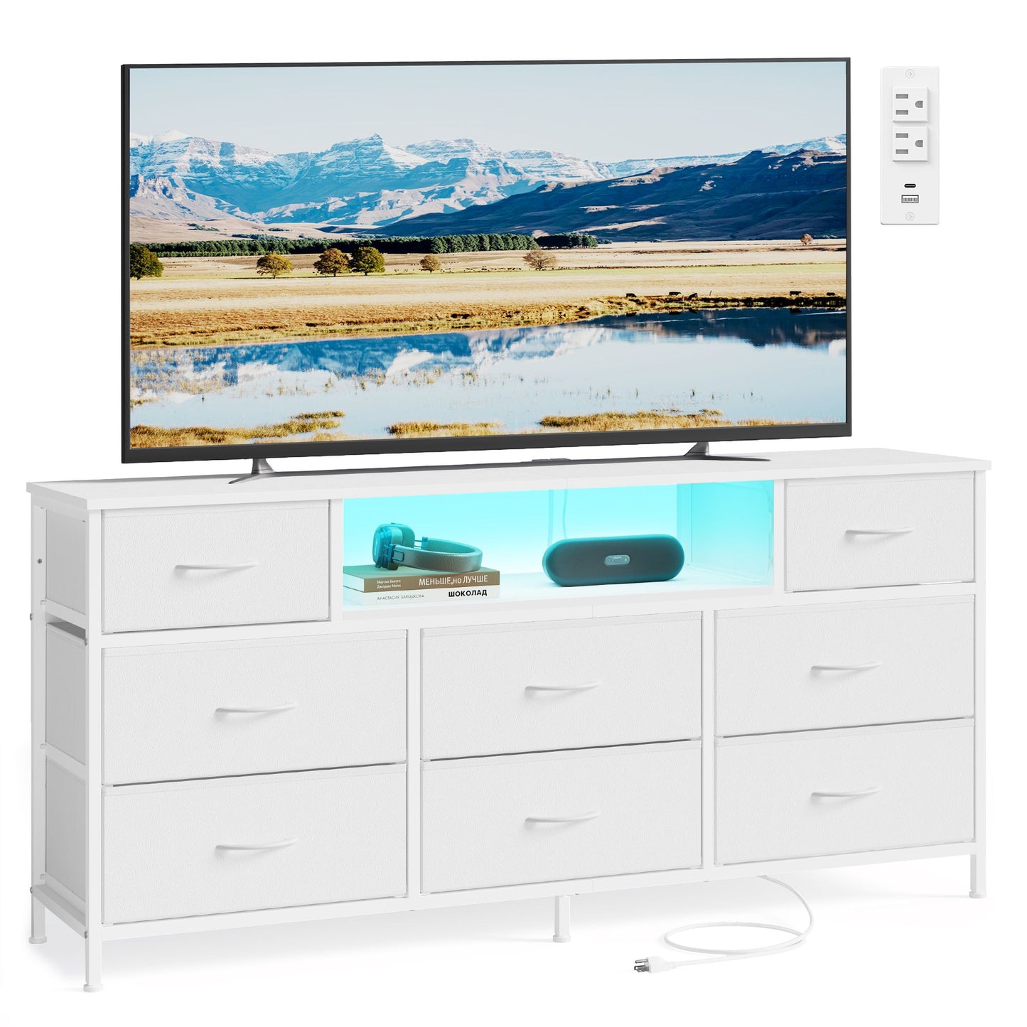 SONGMICS Dresser for Bedroom with Outlets & LED Lights, 8 Fabric Drawers – Cloud White – 13.8"D x 57.8"W x 26.8"H