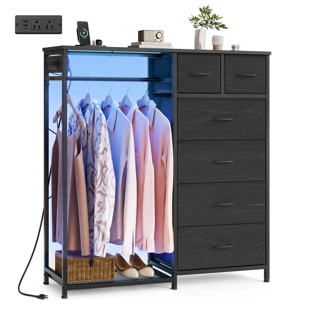 SONGMICS 3-in-1 Closet Organizer with LED Lights and Charging Station – Ebony Black
