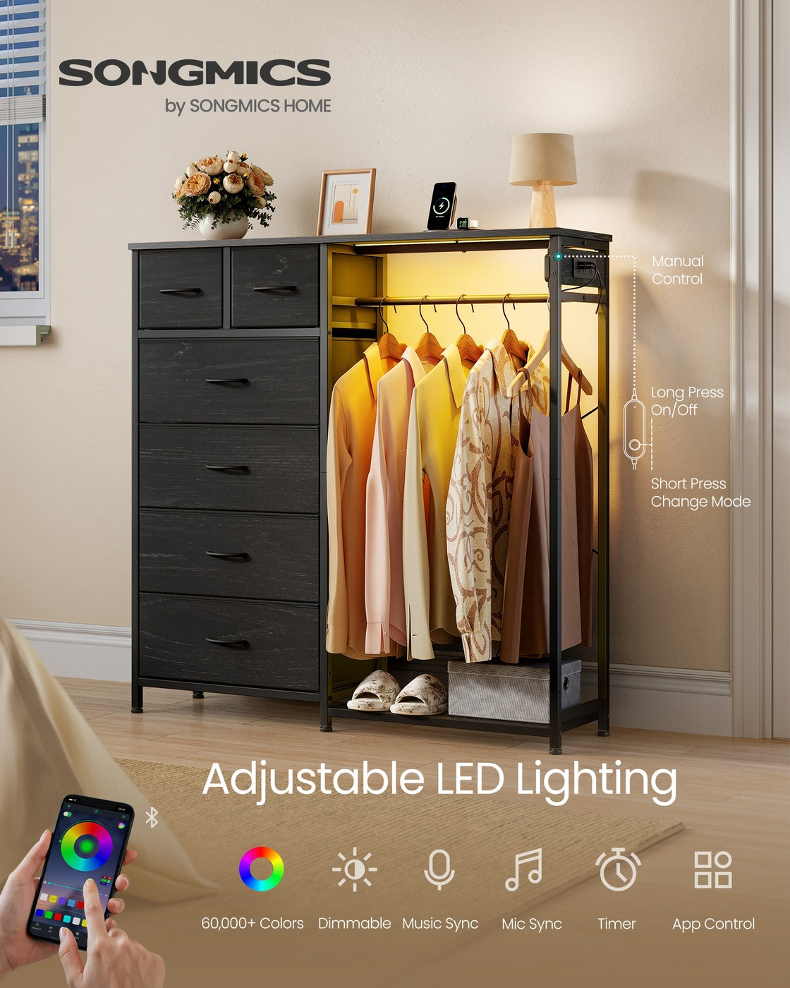 SONGMICS 3-in-1 Closet Organizer with LED Lights and Charging Station – Ebony Black