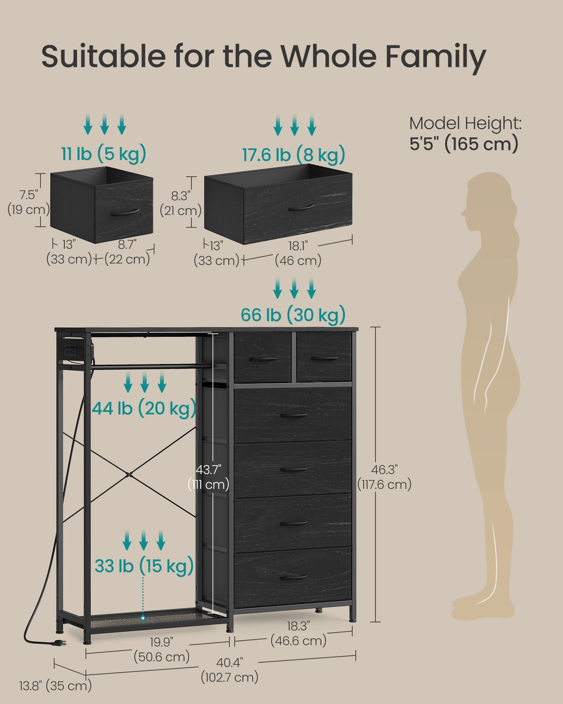 SONGMICS 3-in-1 Closet Organizer with LED Lights and Charging Station – Ebony Black