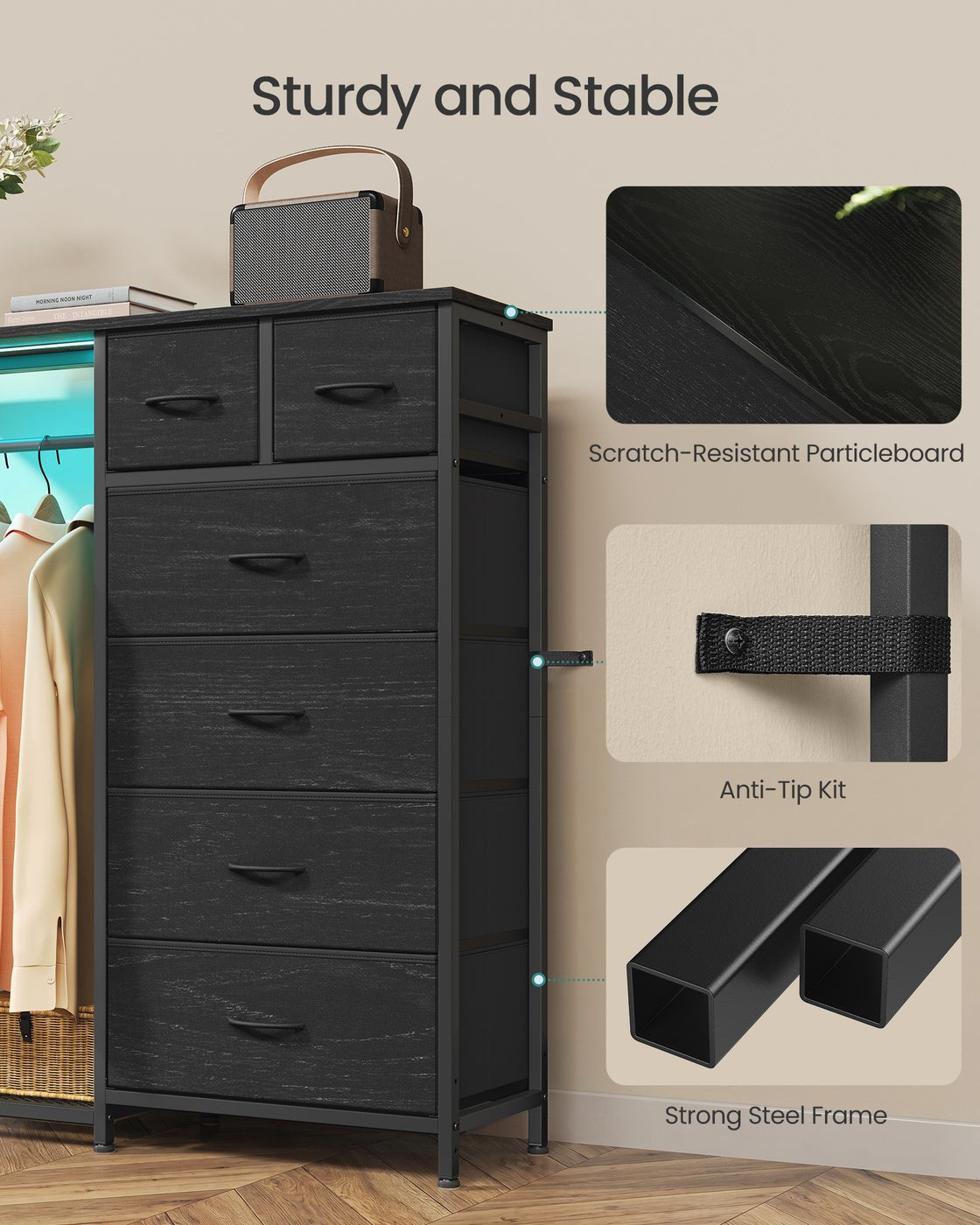 SONGMICS 3-in-1 Closet Organizer with LED Lights and Charging Station – Ebony Black