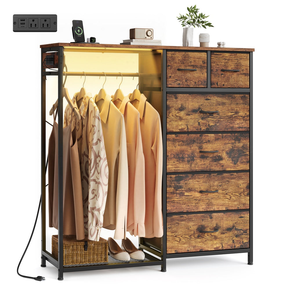 SONGMICS 3-in-1 Closet Organizer with LED Lights and Charging Station – Rustic Brown