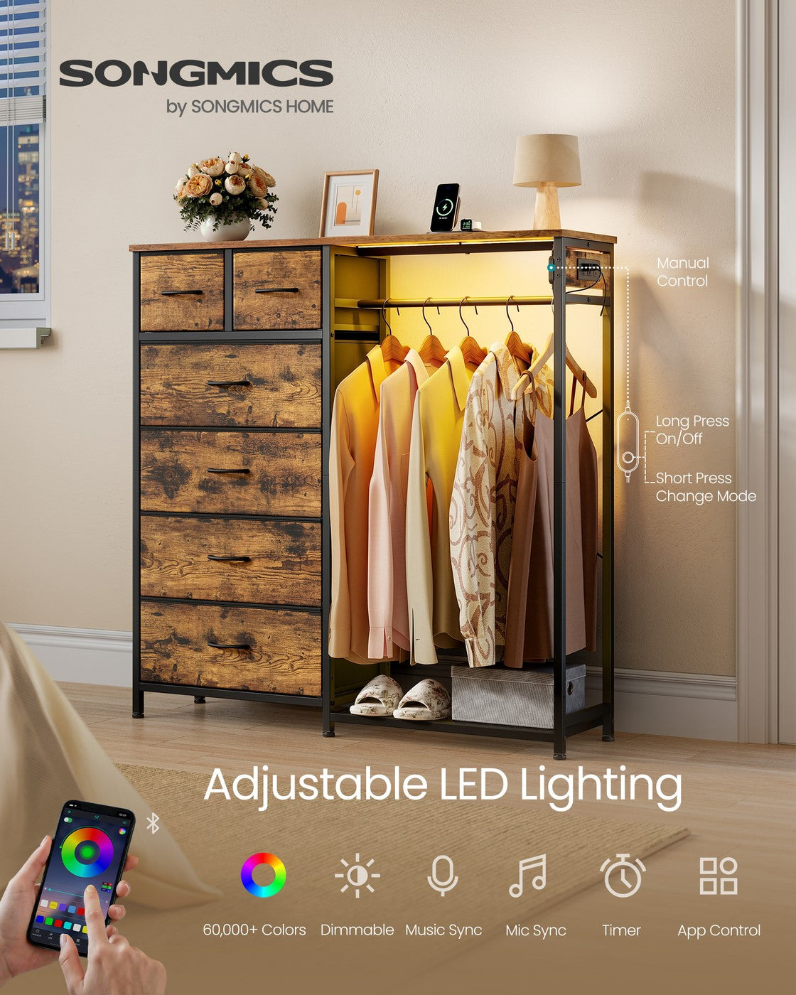 SONGMICS 3-in-1 Closet Organizer with LED Lights and Charging Station – Rustic Brown