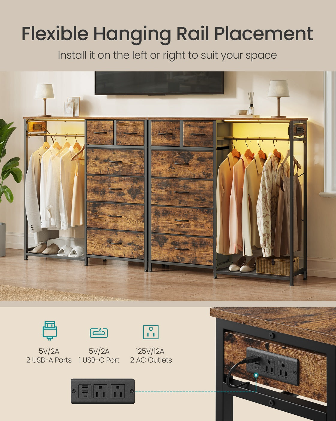 SONGMICS 3-in-1 Closet Organizer with LED Lights and Charging Station – Rustic Brown