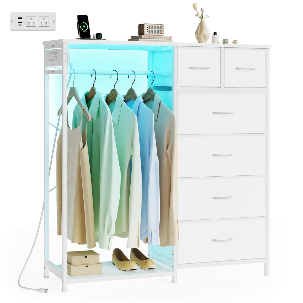 SONGMICS 3-in-1 Closet Organizer with LED Lights and Charging Station – Cloud White