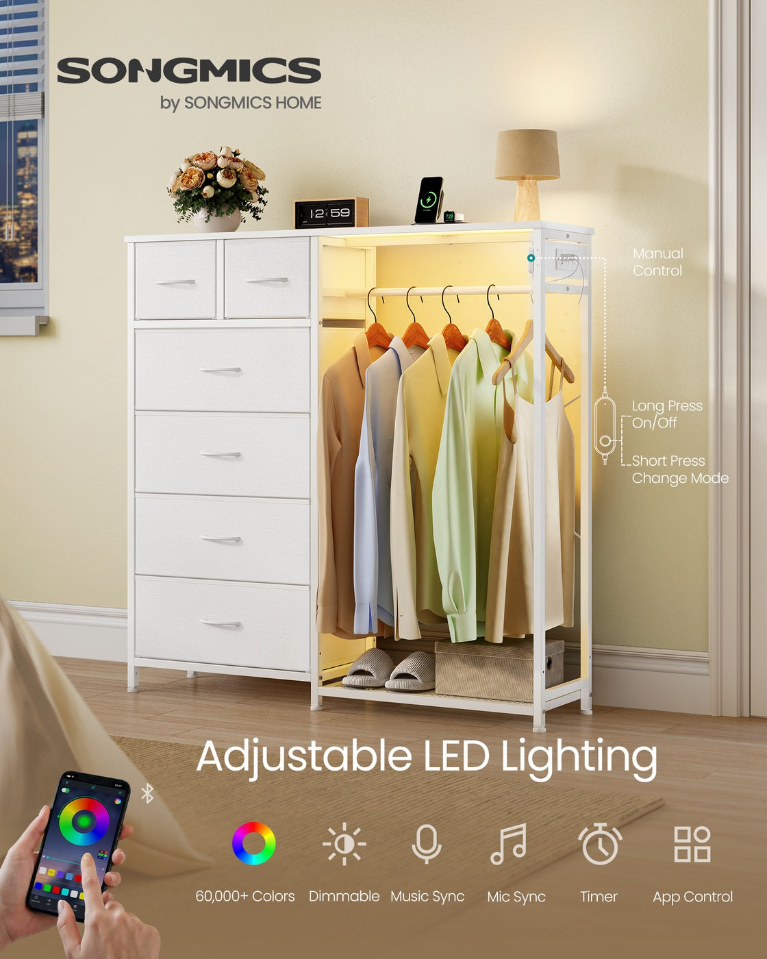 SONGMICS 3-in-1 Closet Organizer with LED Lights and Charging Station – Cloud White