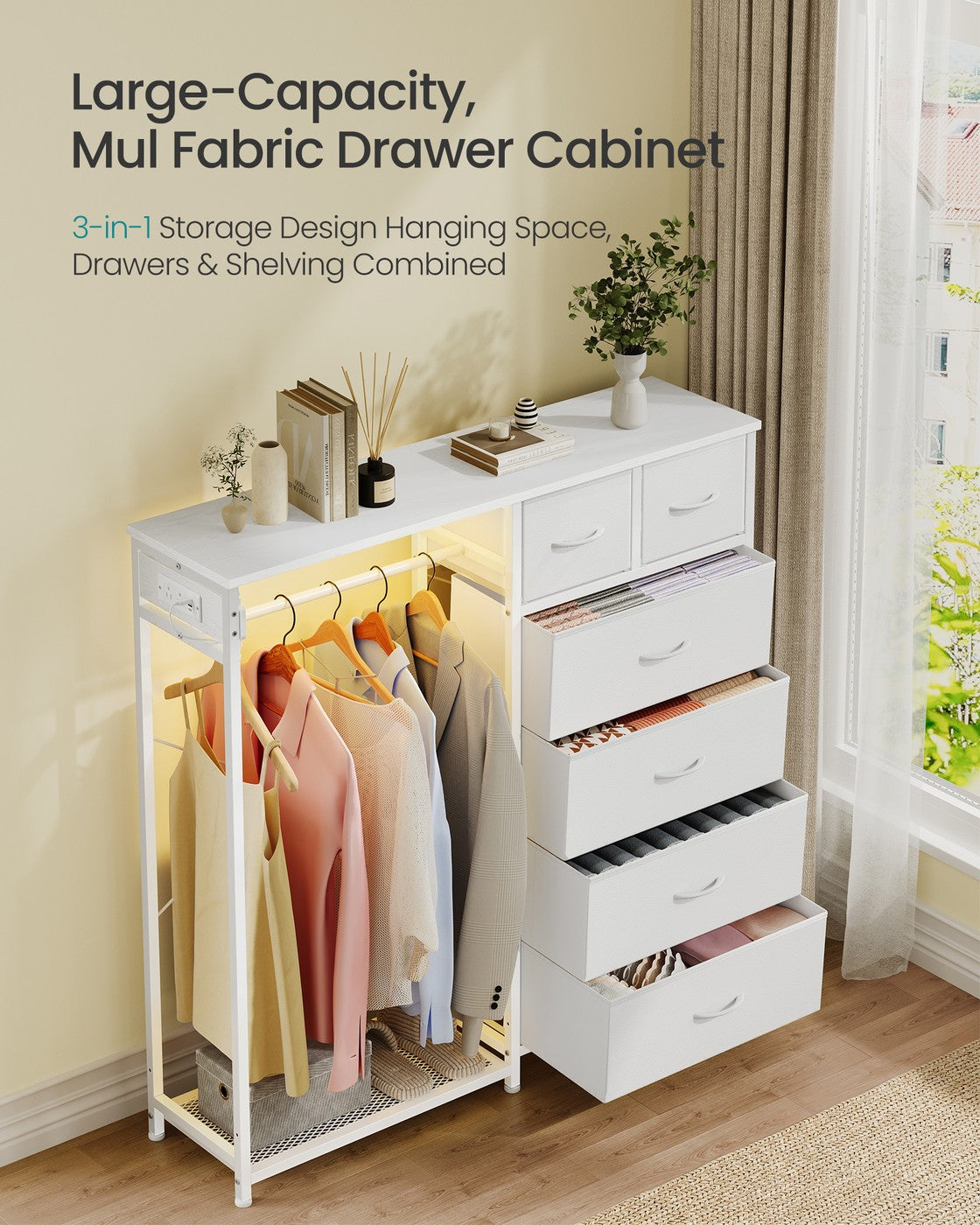 SONGMICS 3-in-1 Closet Organizer with LED Lights and Charging Station – Cloud White