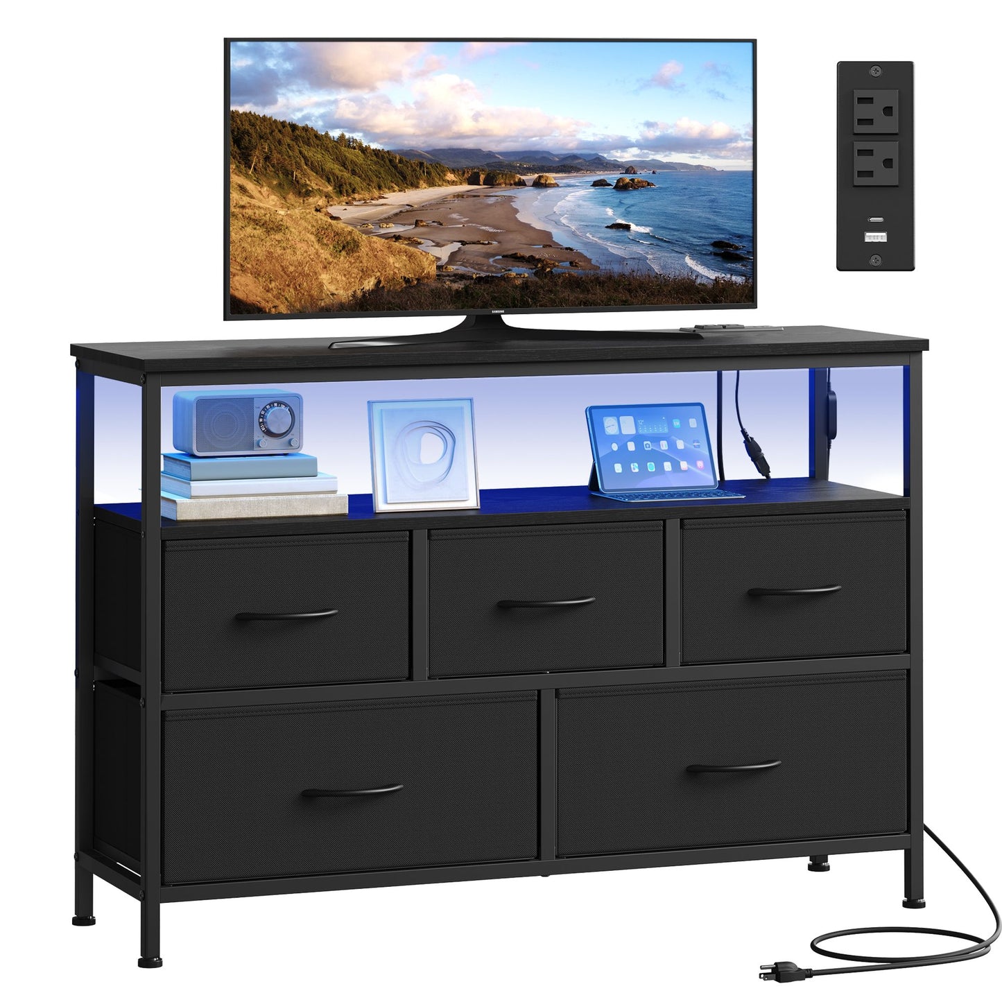 SONGMICS Dresser with App-Controlled LED Lights, 5 Fabric Drawers Dresser – Ink Black