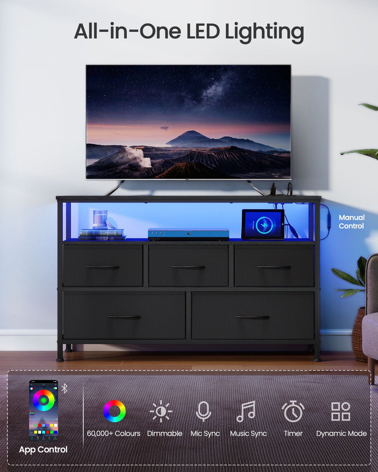 SONGMICS Dresser with App-Controlled LED Lights, 5 Fabric Drawers Dresser – Ink Black