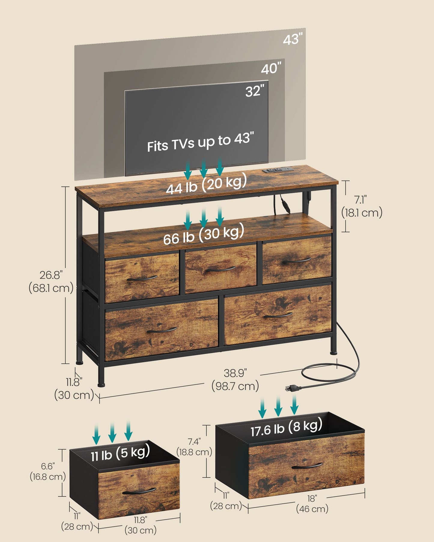 SONGMICS Dresser with App-Controlled LED Lights, 5 Fabric Drawers Dresser – Rustic Brown, Ink Black