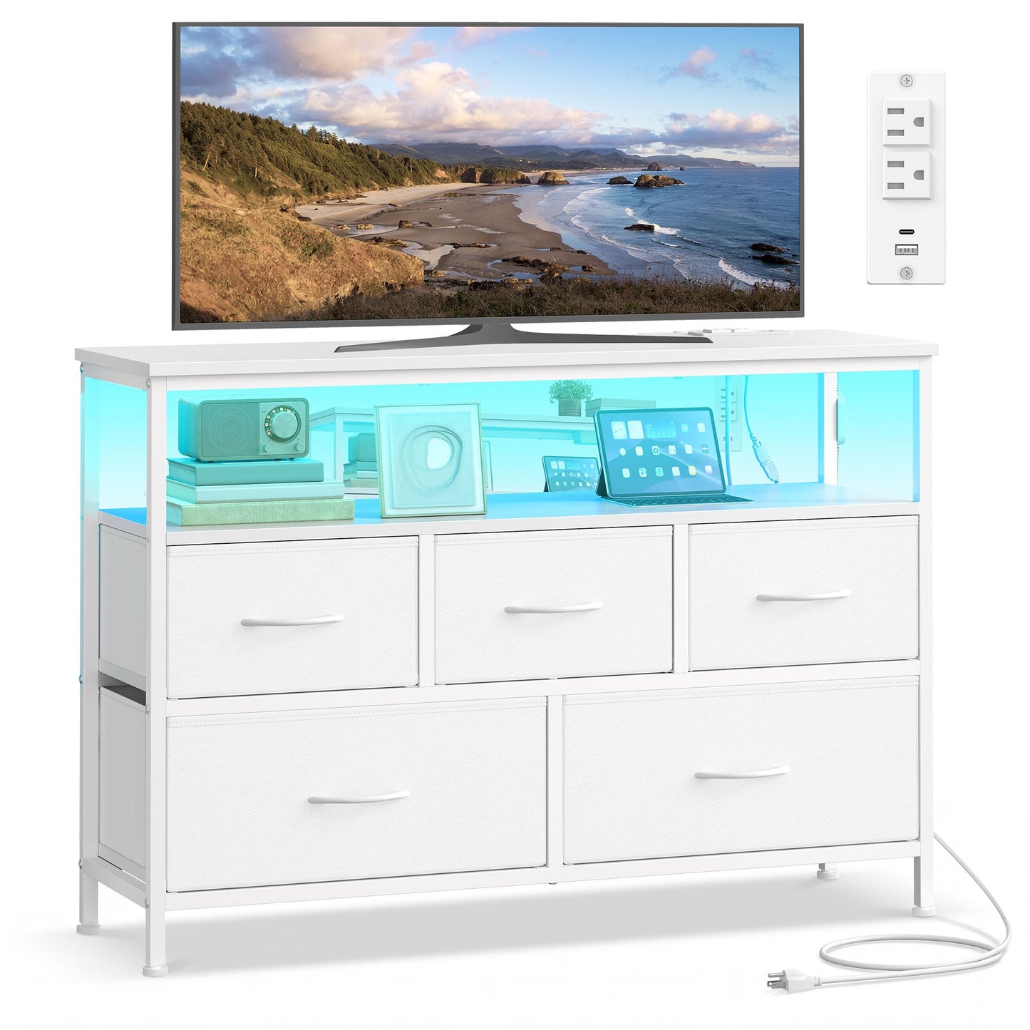 SONGMICS Dresser with App-Controlled LED Lights, 5 Fabric Drawers Dresser – Cloud White