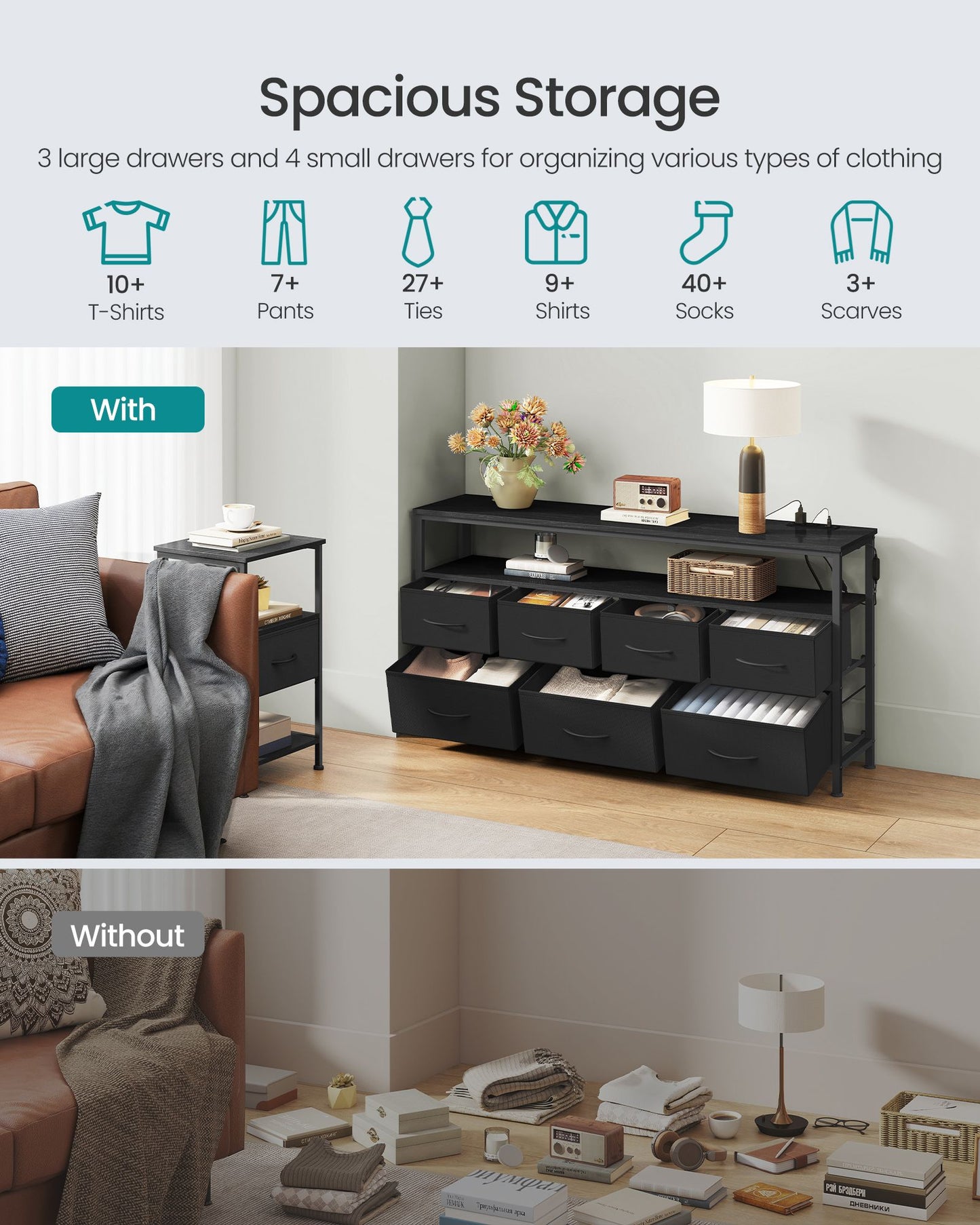 SONGMICS Dresser with App-Controlled LED Lights, 7 Fabric Drawers Dresser – Ink Black