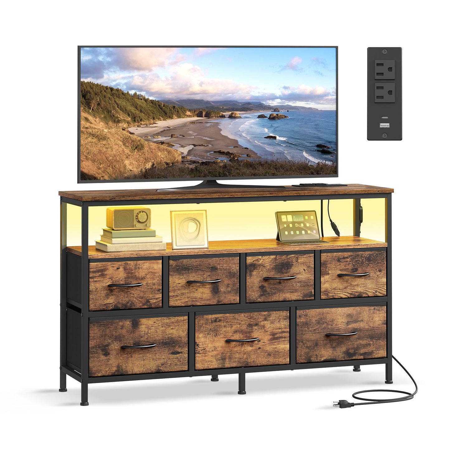 SONGMICS Dresser with App-Controlled LED Lights, 7 Fabric Drawers Dresser – Rustic Brown, Ink Black