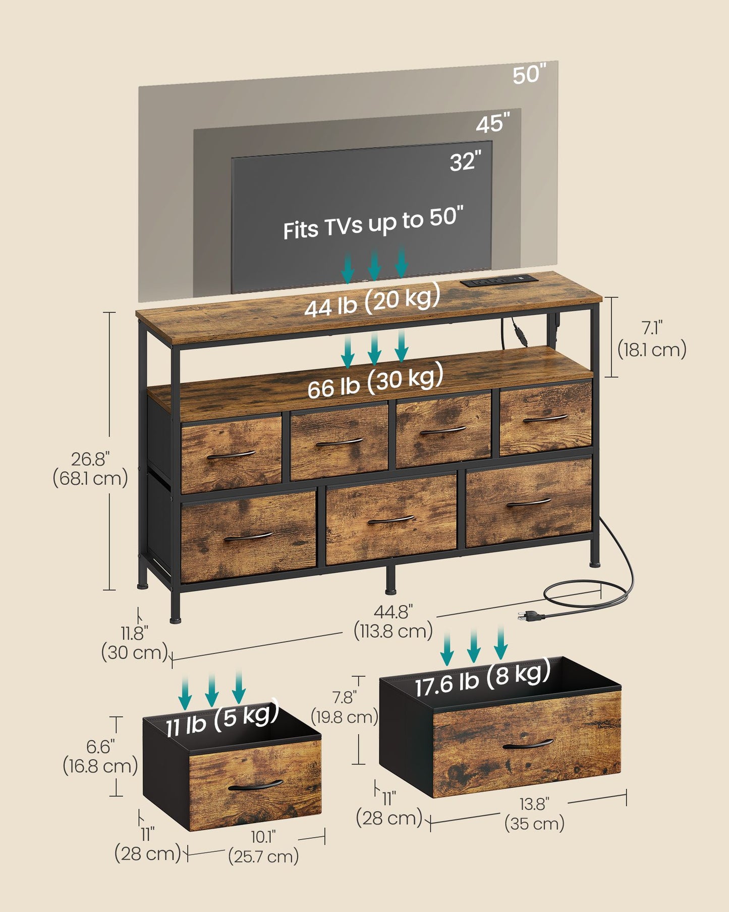 SONGMICS Dresser with App-Controlled LED Lights, 7 Fabric Drawers Dresser – Rustic Brown, Ink Black