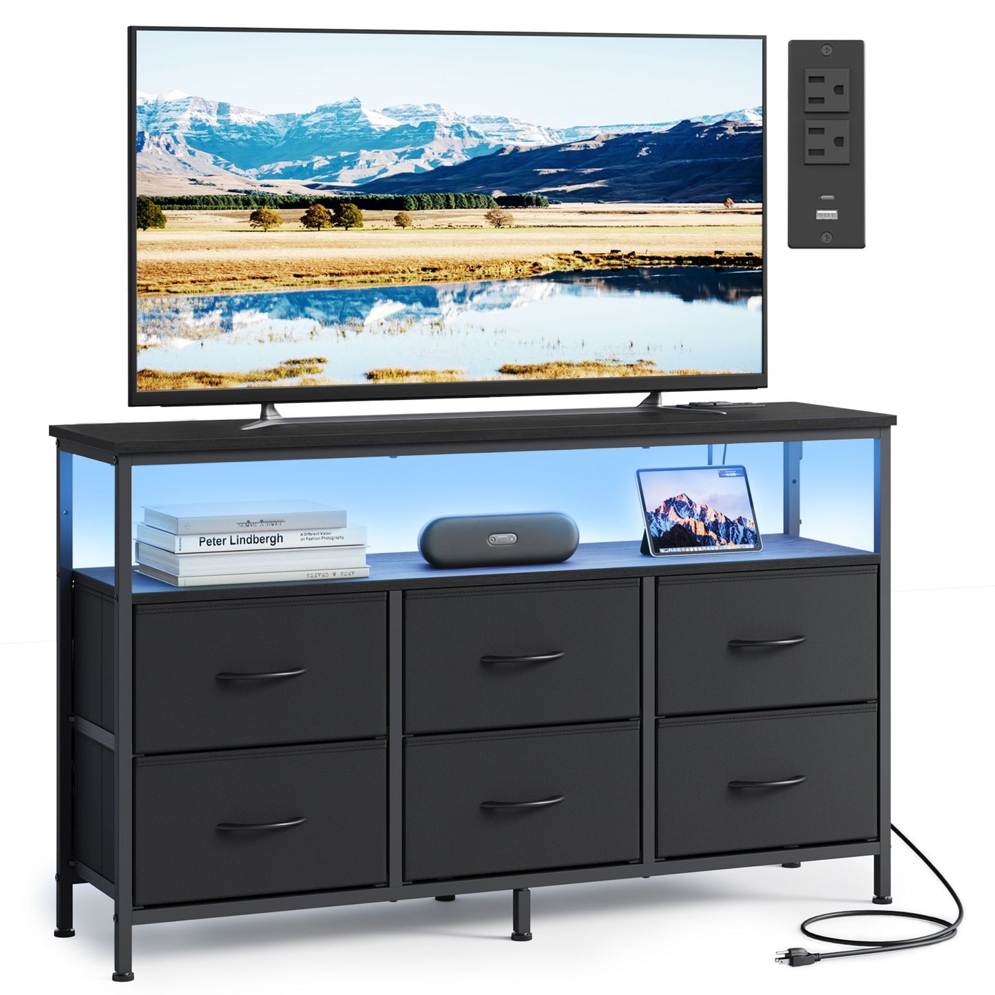 SONGMICS Wide Bedroom Dresser with 6 Drawers & Open Shelf – Ink Black – 11.8"D x 44.8"W x 26.8"H