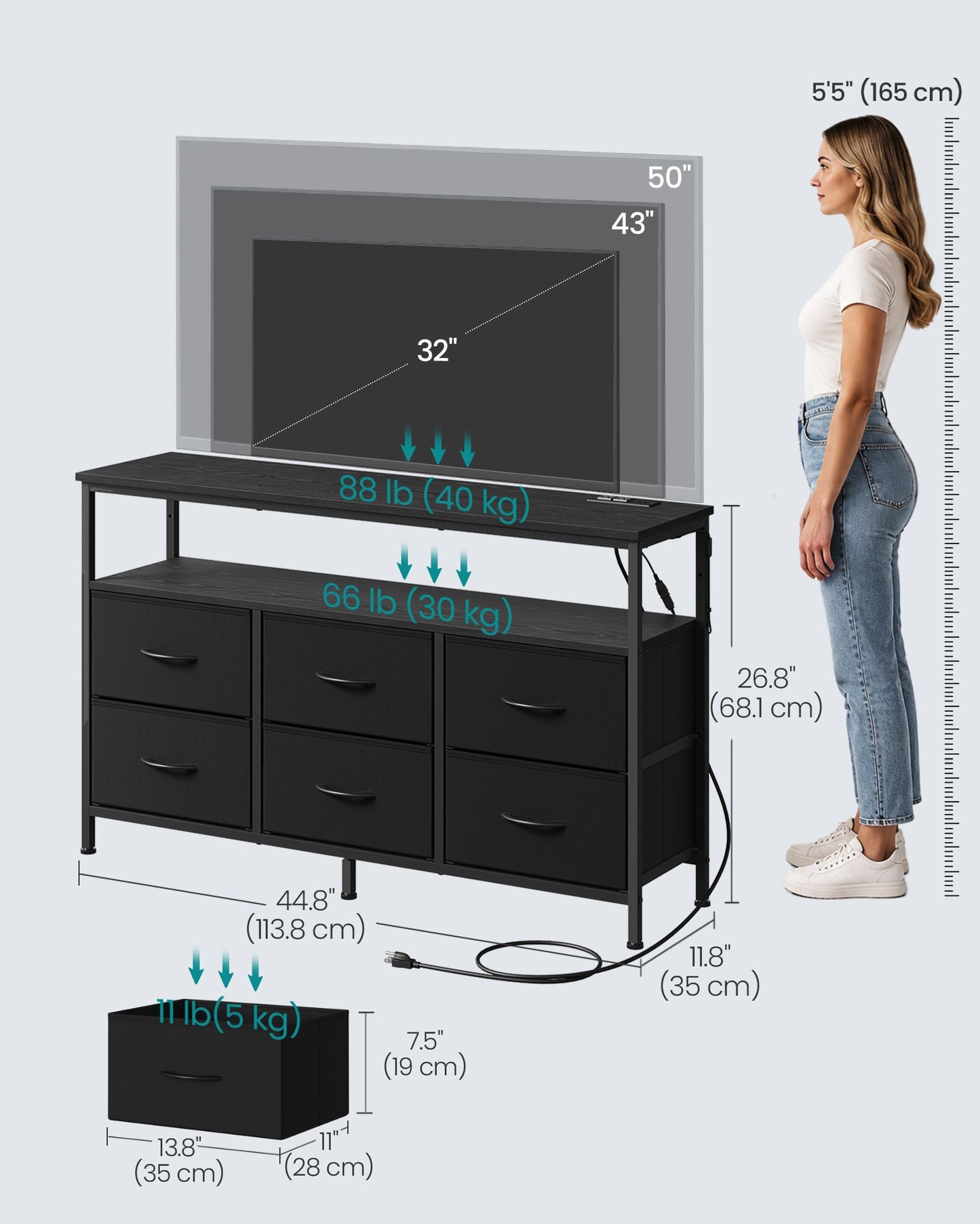 SONGMICS Wide Bedroom Dresser with 6 Drawers & Open Shelf – Ink Black – 11.8"D x 44.8"W x 26.8"H
