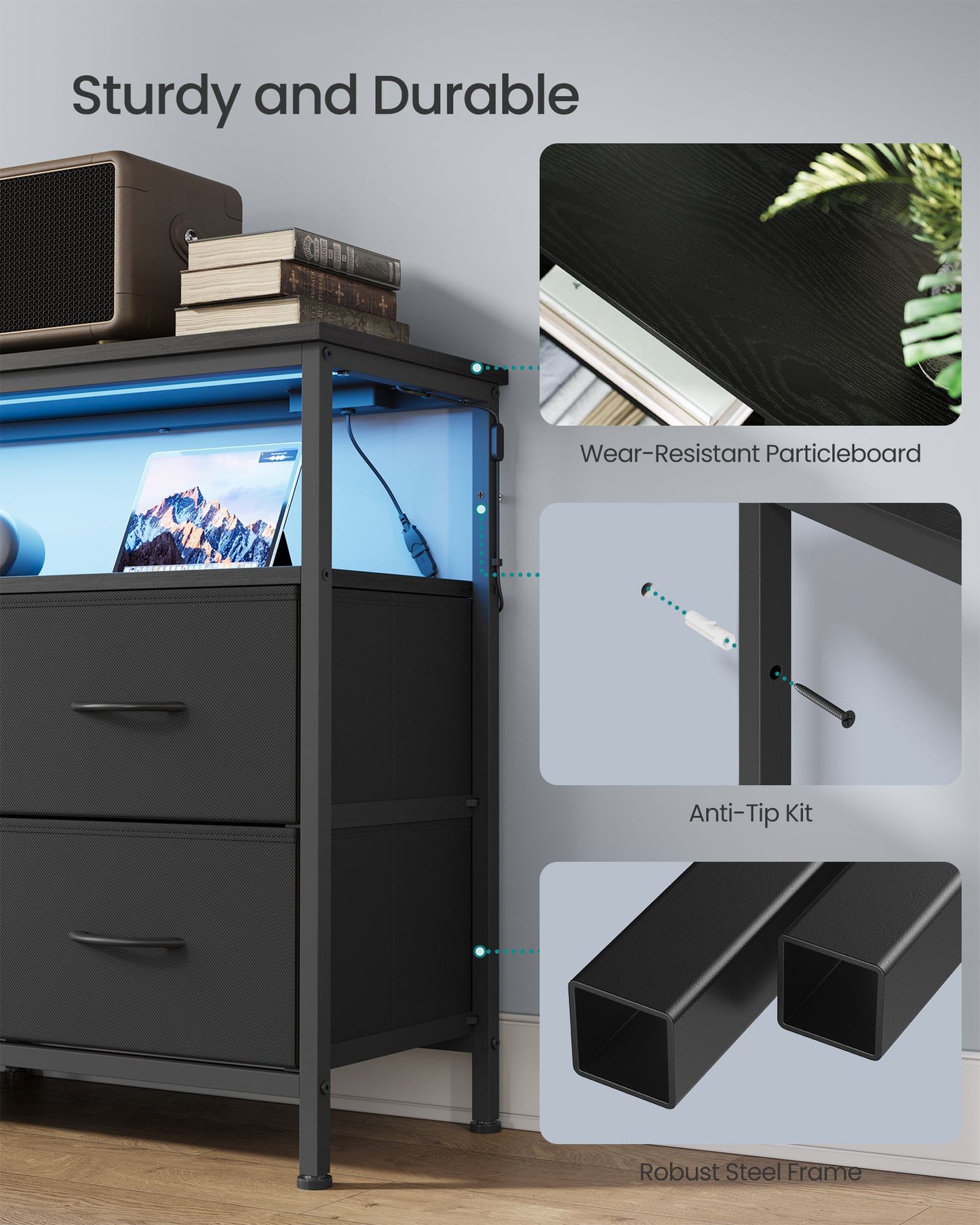 SONGMICS Wide Bedroom Dresser with 6 Drawers & Open Shelf – Ink Black – 11.8"D x 44.8"W x 26.8"H