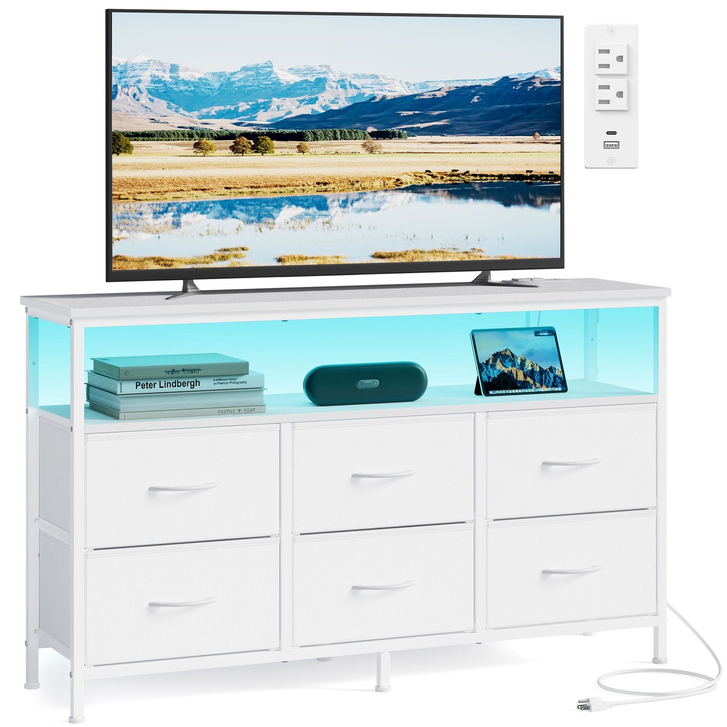 SONGMICS Wide Bedroom Dresser with 6 Drawers & Open Shelf – Cloud White – 11.8"D x 44.8"W x 26.8"H