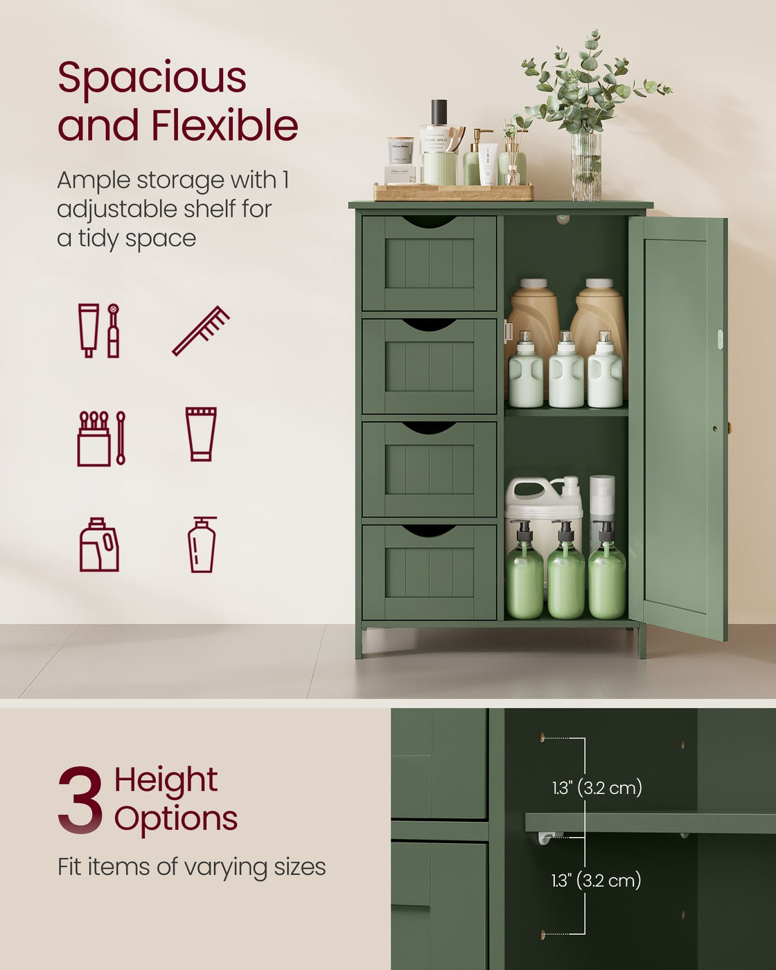 VASAGLE Storage Cabinet with Drawers and Door – Sage Green
