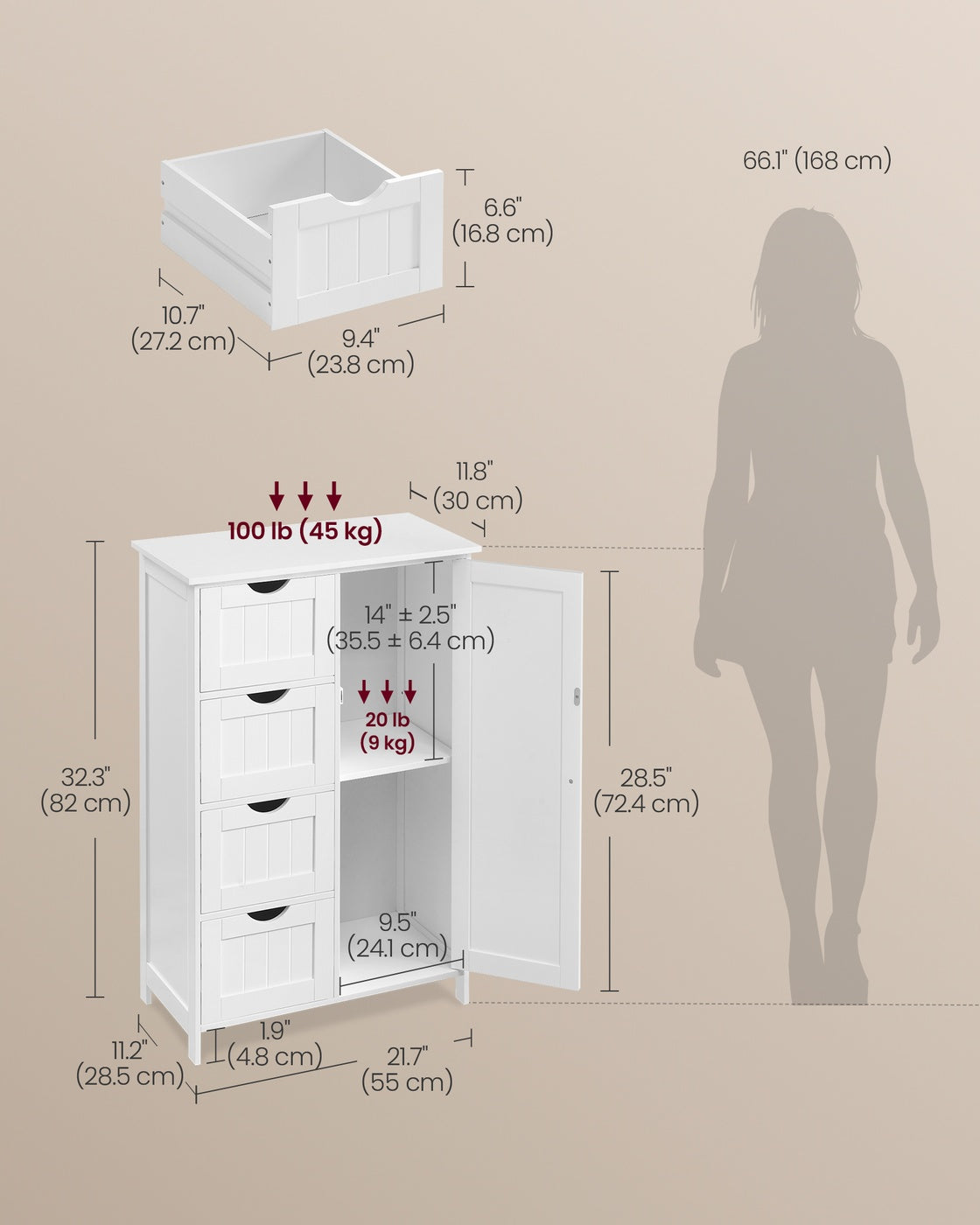 VASAGLE Storage Cabinet with Drawers and Door – Cloud White – 11.8"D x 21.7"W x 32.3"H