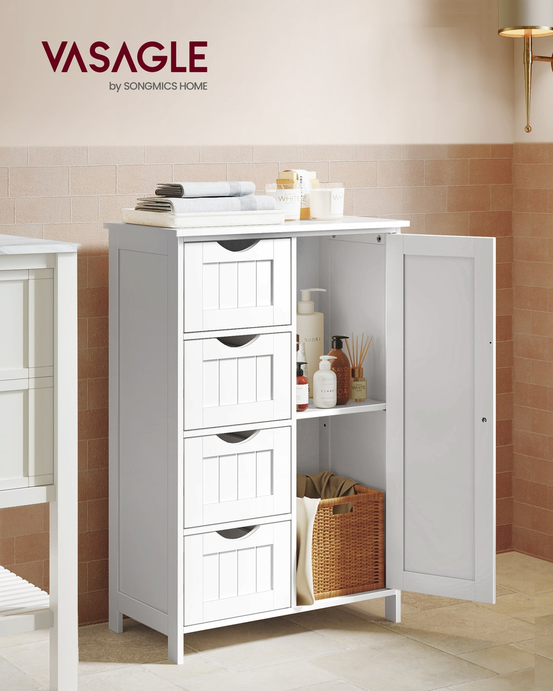 VASAGLE Storage Cabinet with Drawers and Door – Cloud White – 13.8"D x 25.6"W x 35.4"H