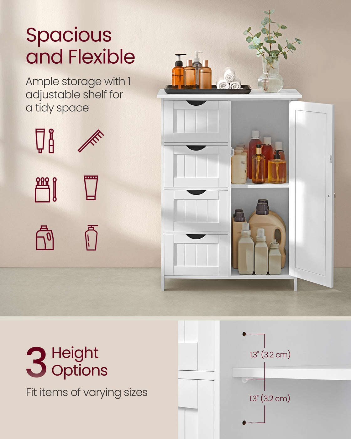 VASAGLE Storage Cabinet with Drawers and Door – Cloud White – 13.8"D x 25.6"W x 35.4"H