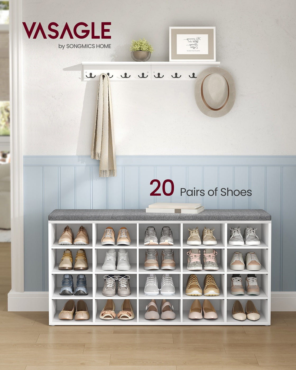 VASAGLE Shoe Bench with Cushion, 20 Compartments – Cloud White, Dove Gray