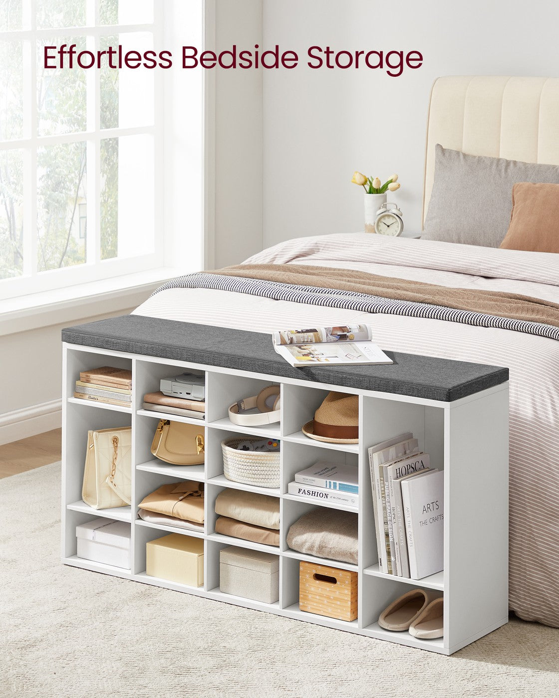 VASAGLE Shoe Bench with Cushion, 20 Compartments – Cloud White, Dove Gray