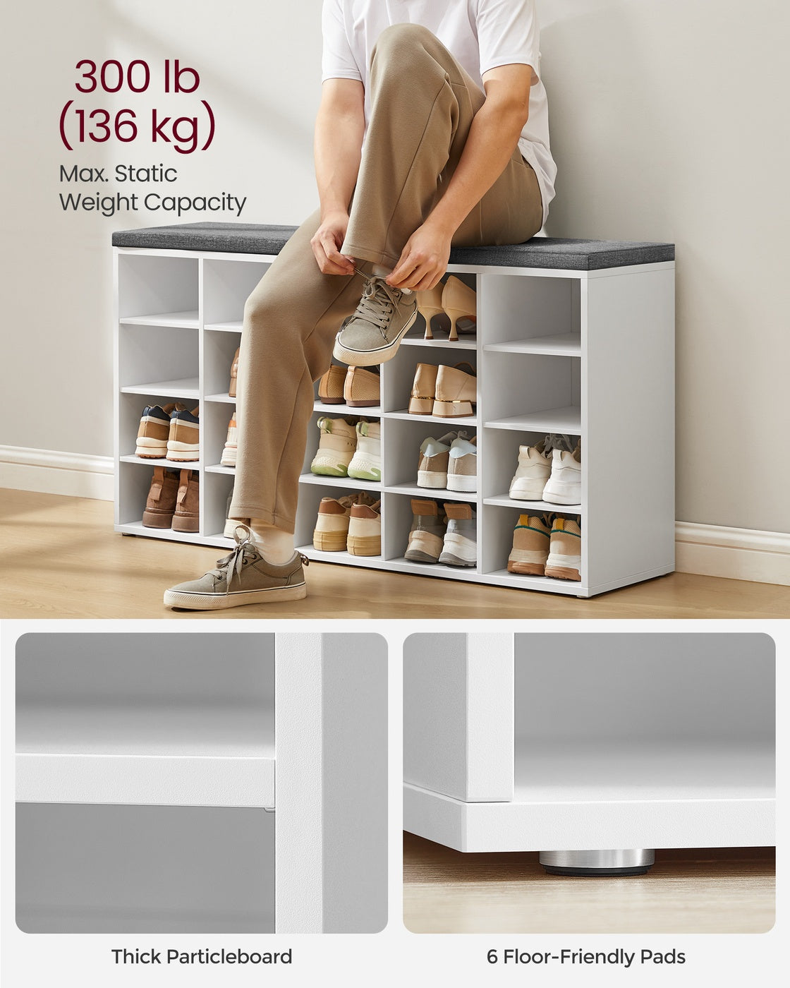 VASAGLE Shoe Bench with Cushion, 20 Compartments – Cloud White, Dove Gray