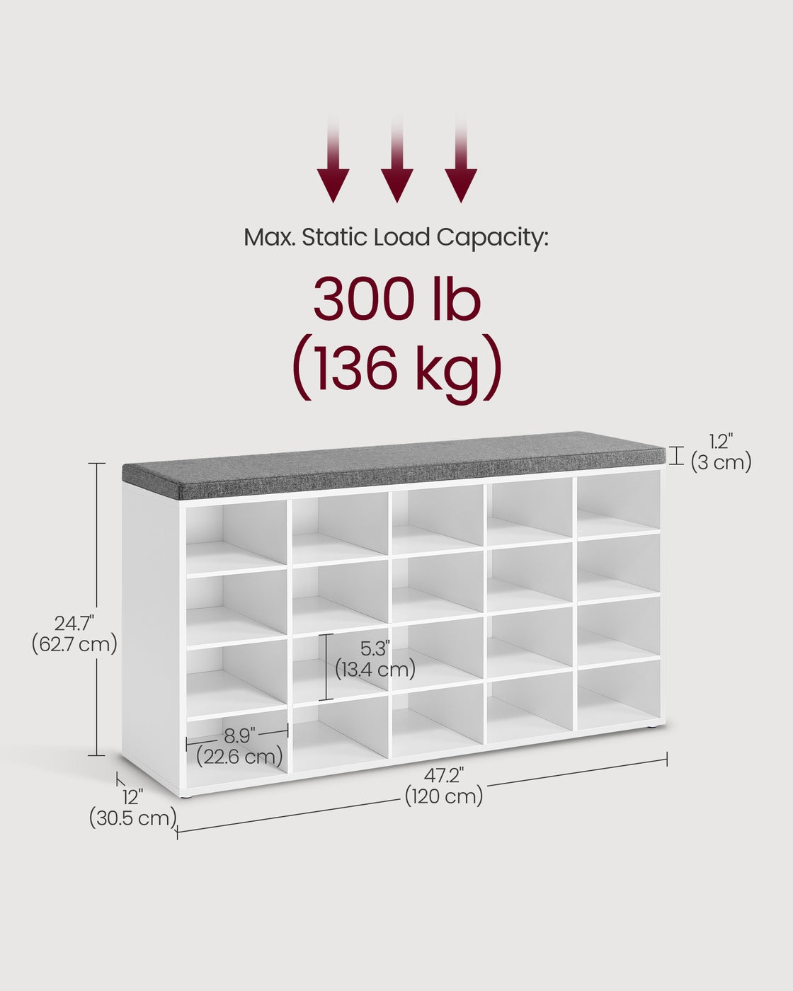 VASAGLE Shoe Bench with Cushion, 20 Compartments – Cloud White, Dove Gray